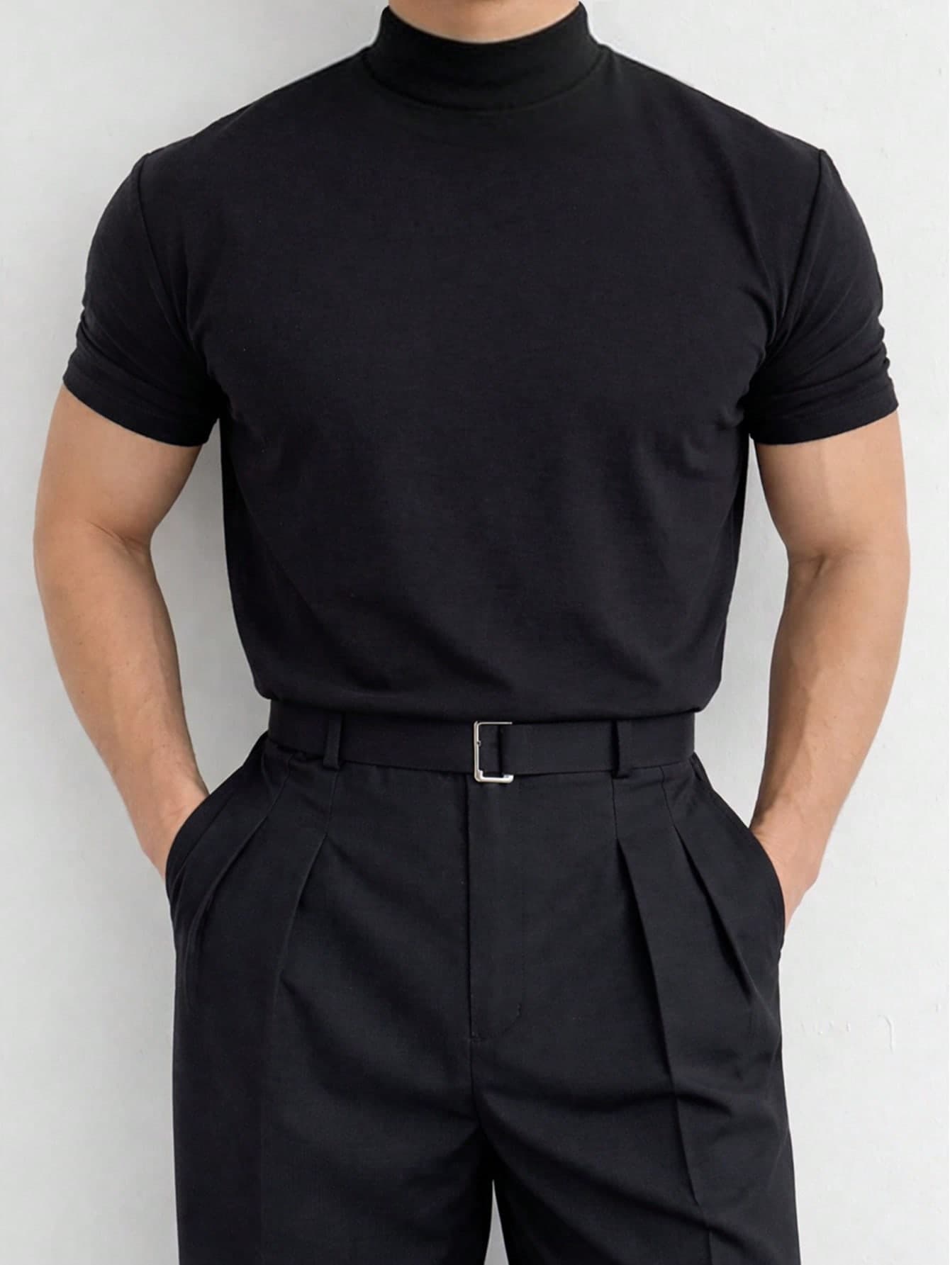 Manfinity Dauomo Men's Solid Color Stand Collar Short Sleeve Casual Versatile T-Shirt