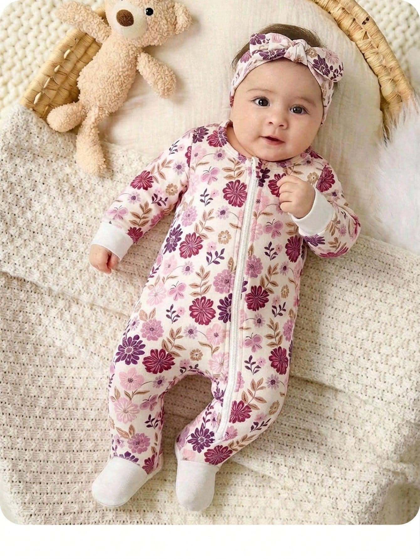 Newborn Baby Girl Cute Floral Knitted Long Sleeve Romper With Headband, Autumn/Winter