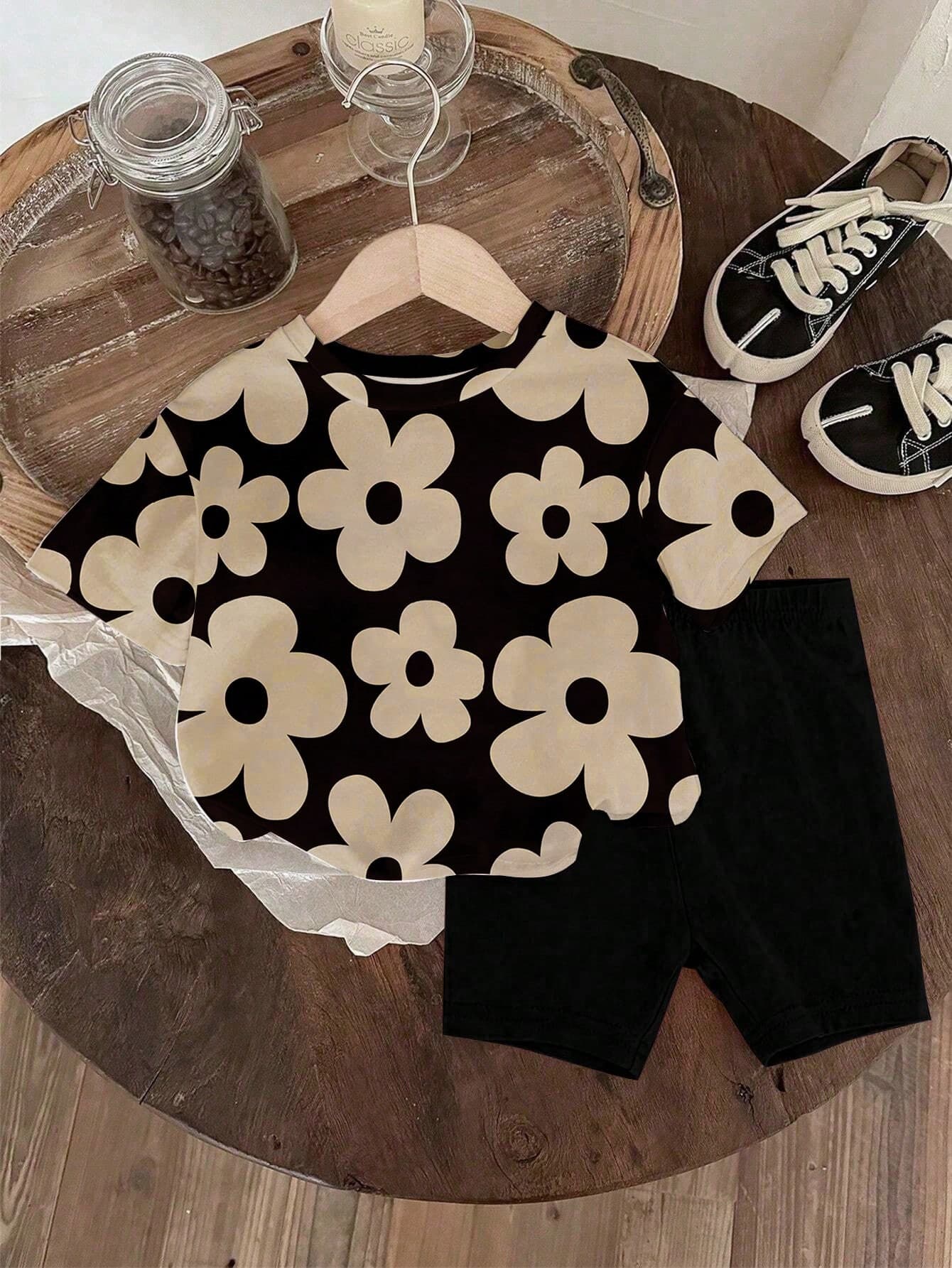 SHEIN Vintaside Kids 1 Set Baby Girls Casual Cute Floral Print Short Sleeve Round Neck T-Shirt And Shorts Set, Suitable For Outings And Vacations, Spring To Summer