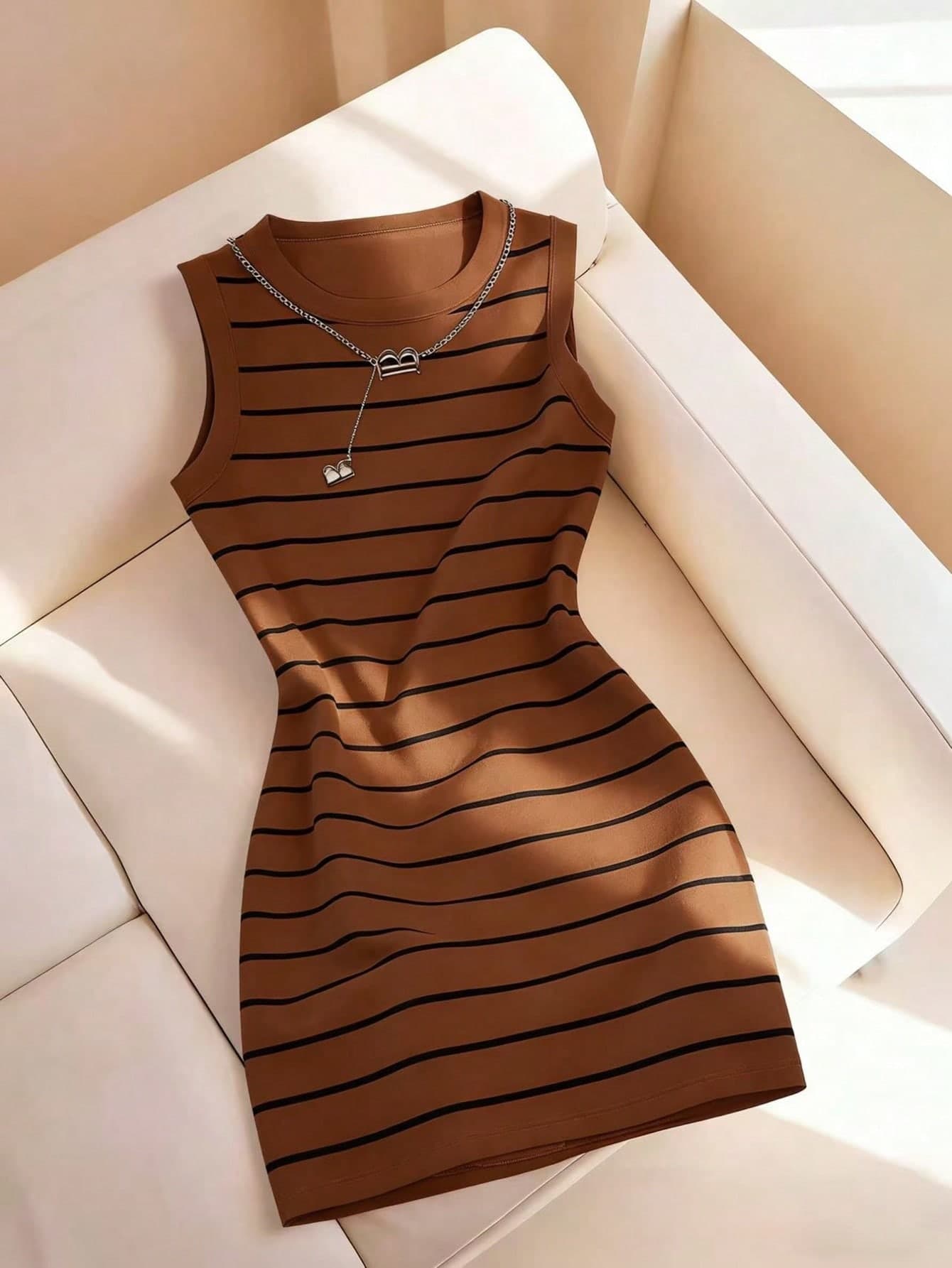 Resyla Women's New Striped Print Round Neck Fitted Sleeveless Dress, Spring/Summer