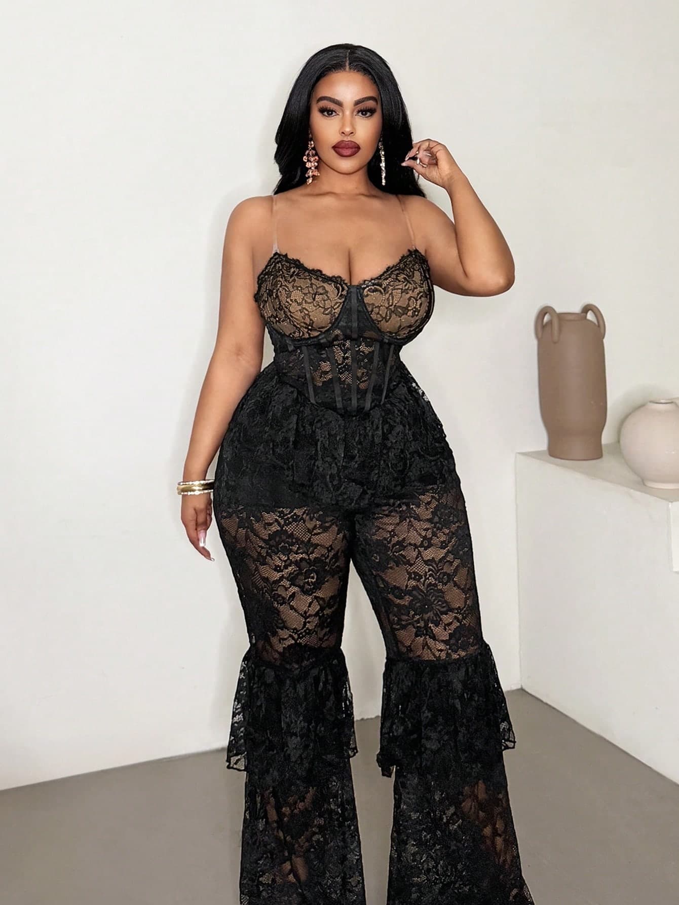 Maweii Women Black Lace Strapless Plus Size Co-Ords Semi-Sheer Crop Top And Flowing Pants Two Piece Set With Cup Detail