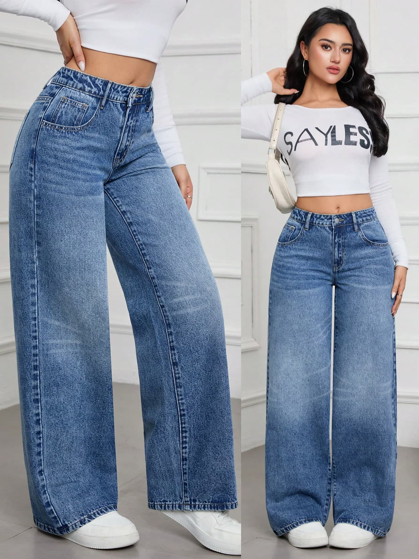 SHEIN Tall 2026 Summer Tall Women's Casual Summer Vacation For Women Contrast Color Pocket Casual Versatile Wide Leg Jeans