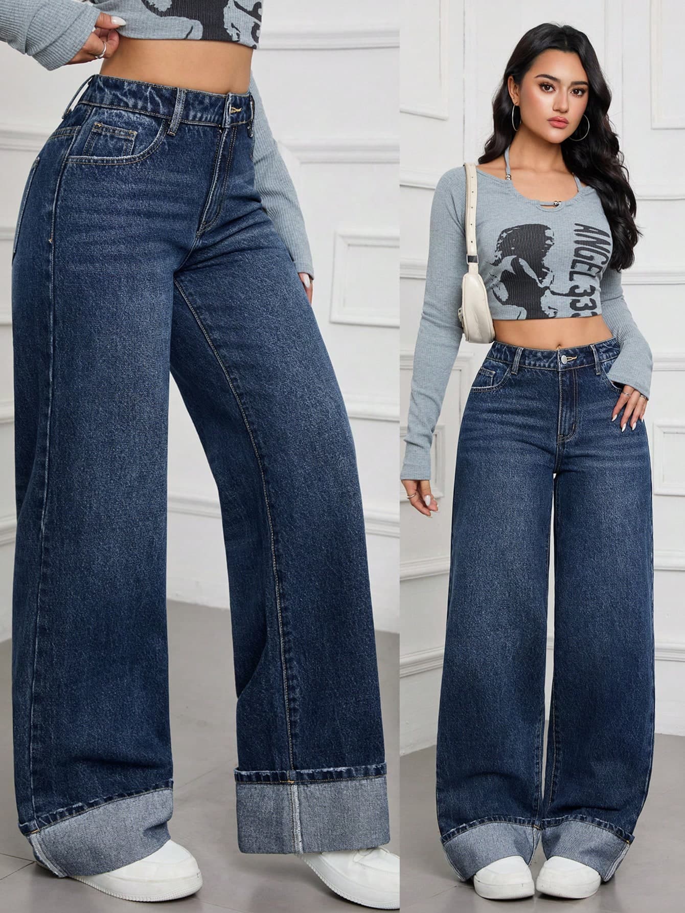 SHEIN Tall Spring To Summer Women's Casual Commuter Style With Fold-Over Cuff Design For Everyday Office Wear Solid Color Casual Denim Jeans, Tall Women