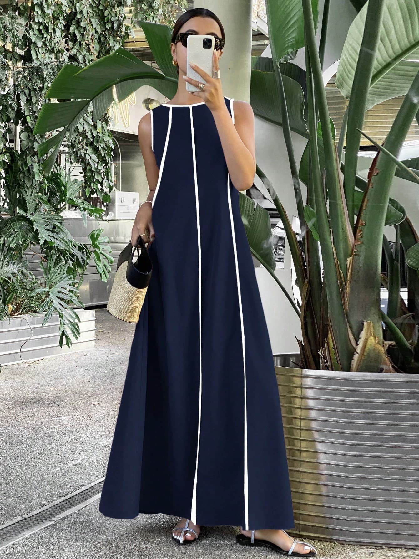 Serisse Women's Solid Color Sleeveless Loose Long Dress, Color-Conflicting Panels Extra Dresses Summer Navy Blue Elegant Women Maxi Casual Linen For