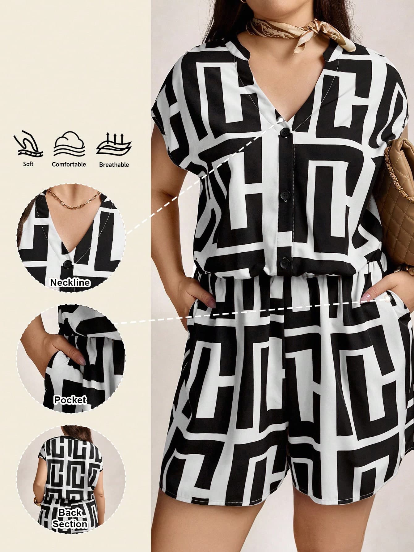 Zelara Plus Size Summer Jumpsuit For Women, Asymmetric Geometric Print Black And White Elegant Smart Casual Vacation Coastal Navycore Outfit, Bohemian Style