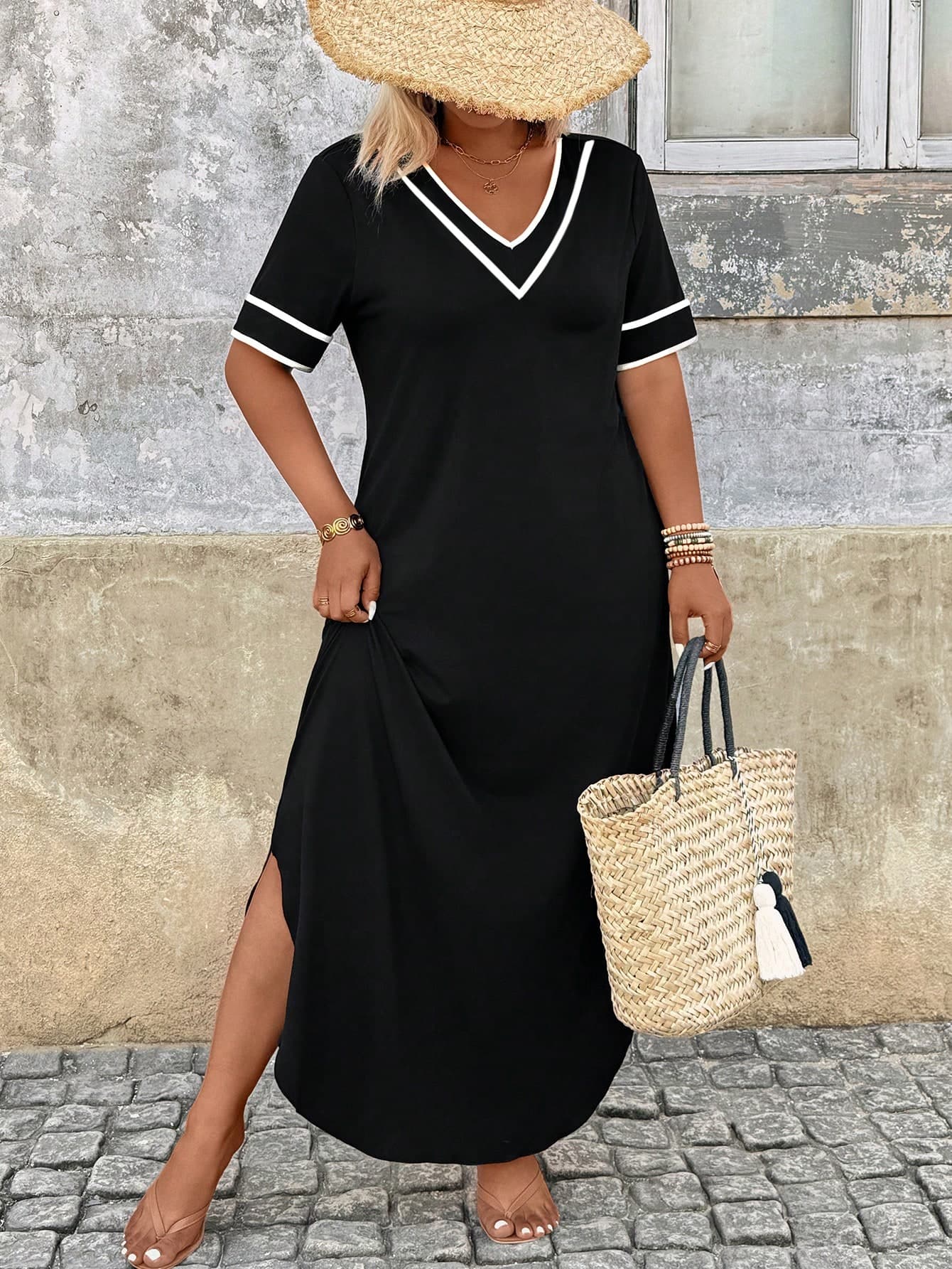 Breezaya Plus Size Color Block Trim Casual Vacation Dress