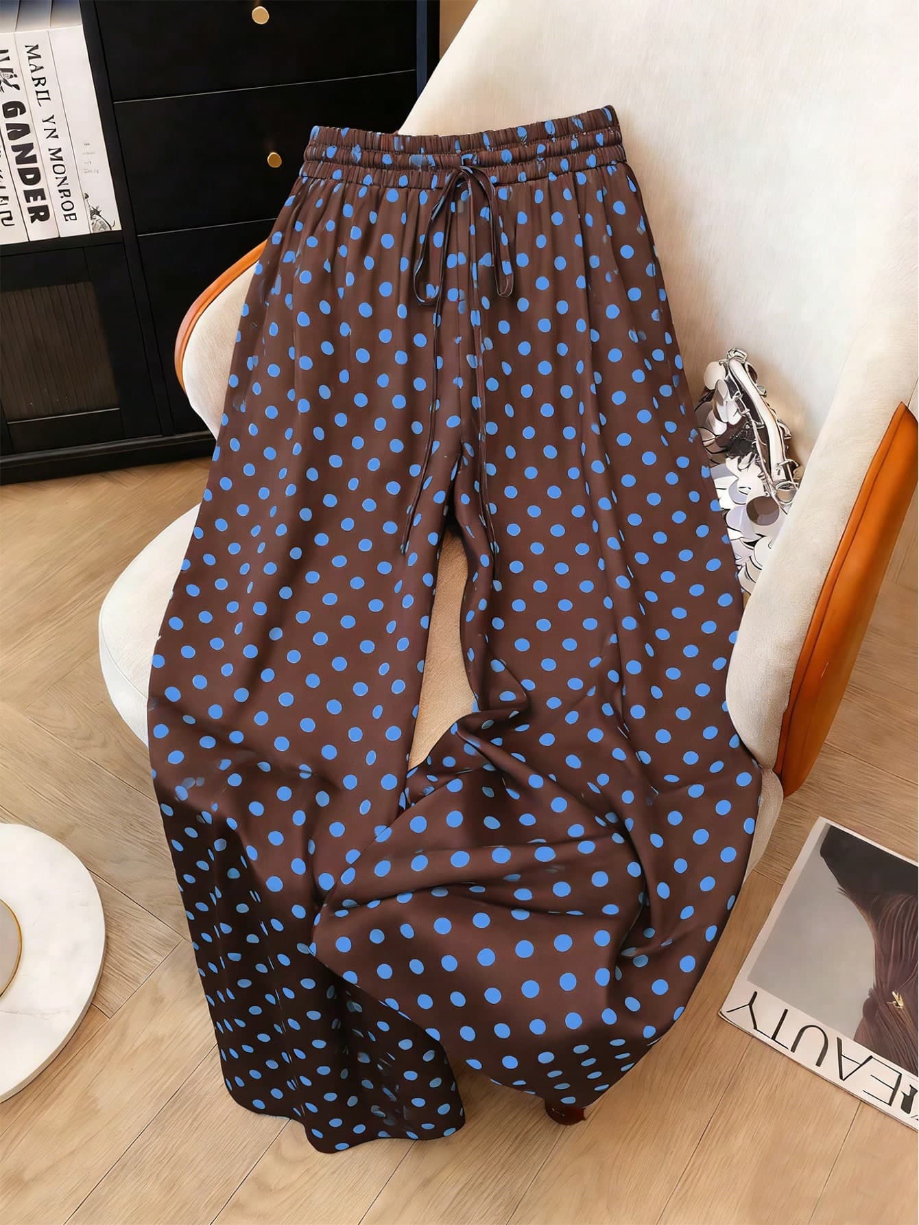 Franclia Women Summer Plus Size Satin High Waist Straight Leg Pants,Brown Polka 1950s Vintage Polka Dot Print Drawstring Casual Silk Pants For Autumn,Vacation