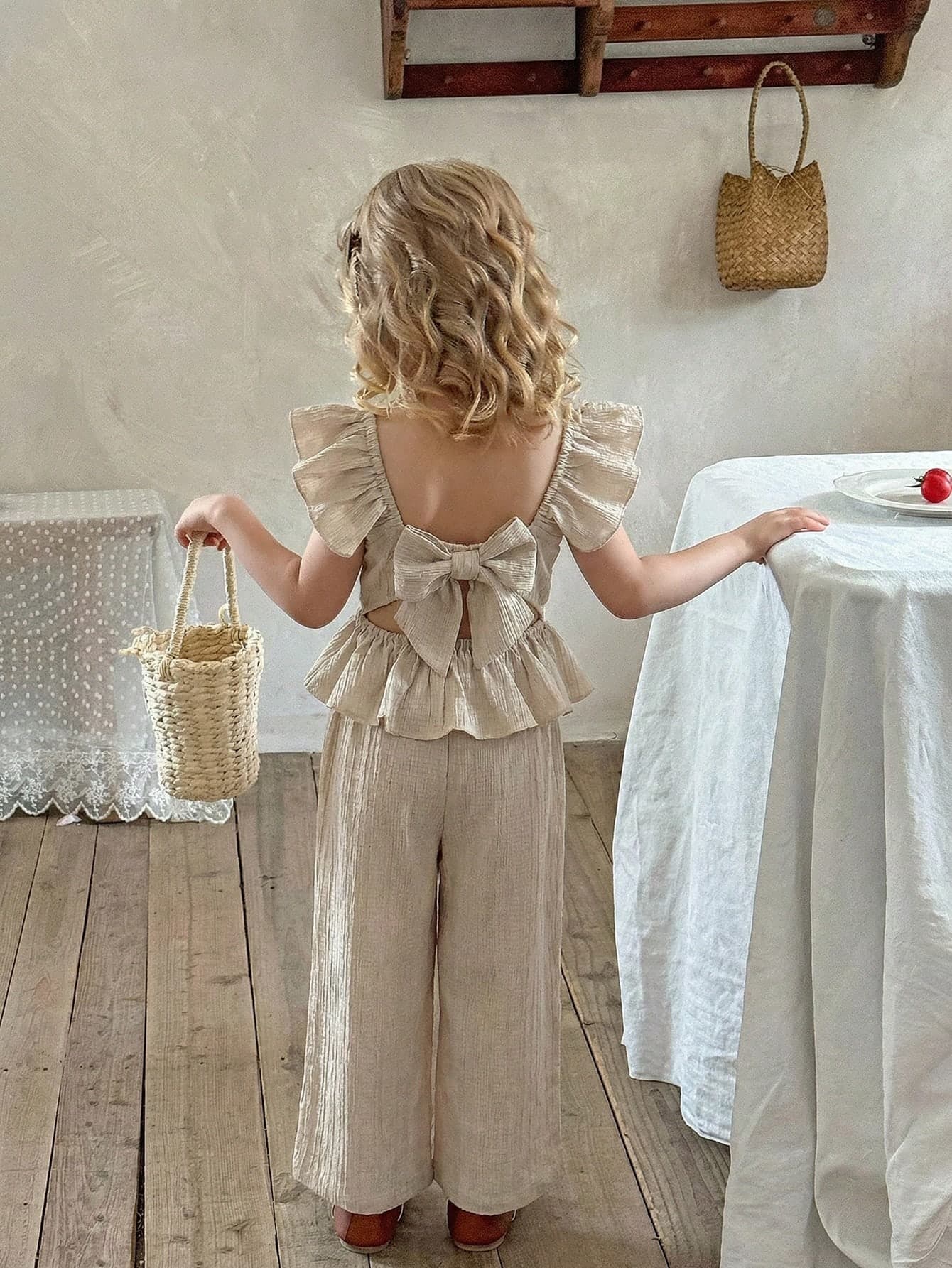 LMoss Kids 2pcs Young Girl Set: Woven Collared Ruffle Trim Blouse And Woven Loose Fit Pants,Kids