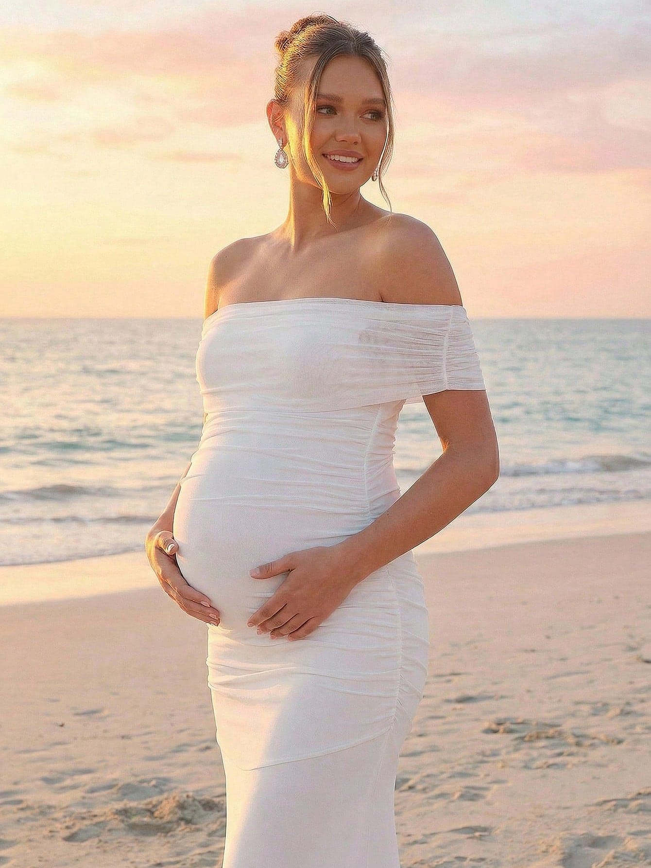 Loomaby Elegant White Maternity Dress For Summer Beach Holiday,Off-Shoulder Ruched Fitted Pregnant Women Dress For Baby Shower,Pregnancy Photoshoot Dress