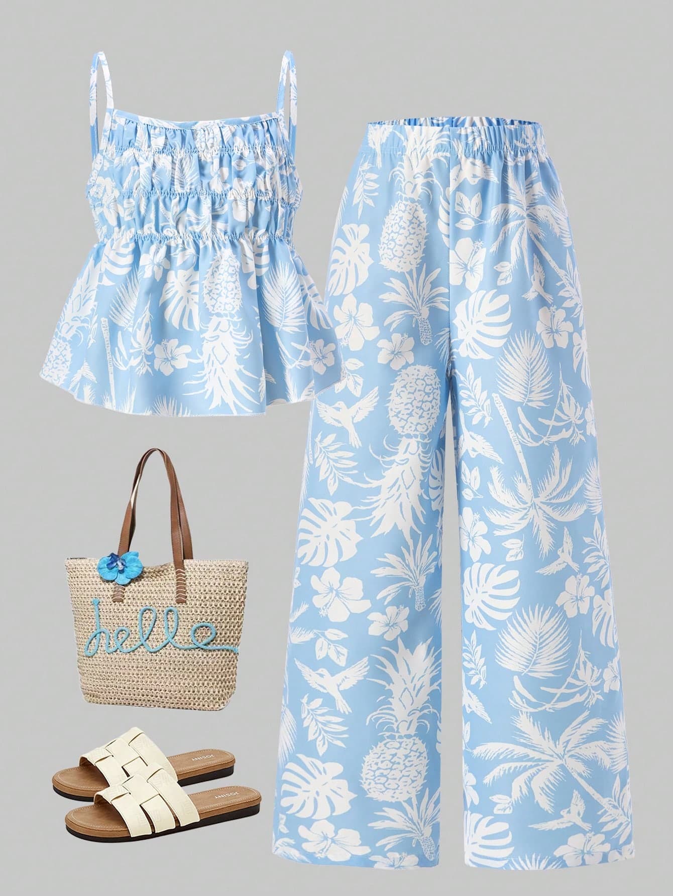 ChillGRL 2pcs/Set Tween Girls Light Blue Summer Funny Vacation Holiday Printed Fabric Camisole Top,Elastic Waist Wide Leg Pants Set,Casual Sweet Cute Style