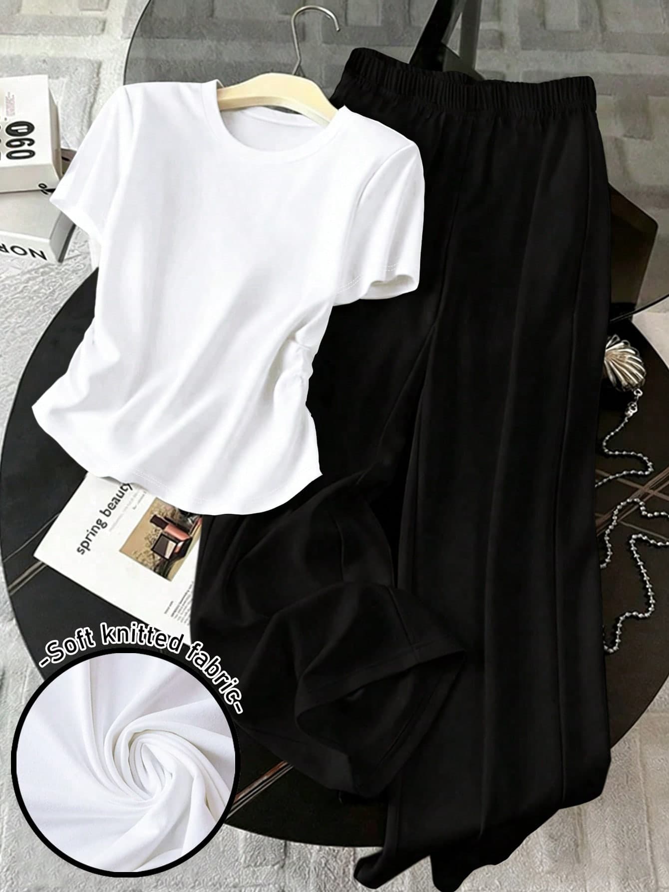 Resyla Women's Spring/Summer New Contrast Color Casual Versatile 2 Pieces Set