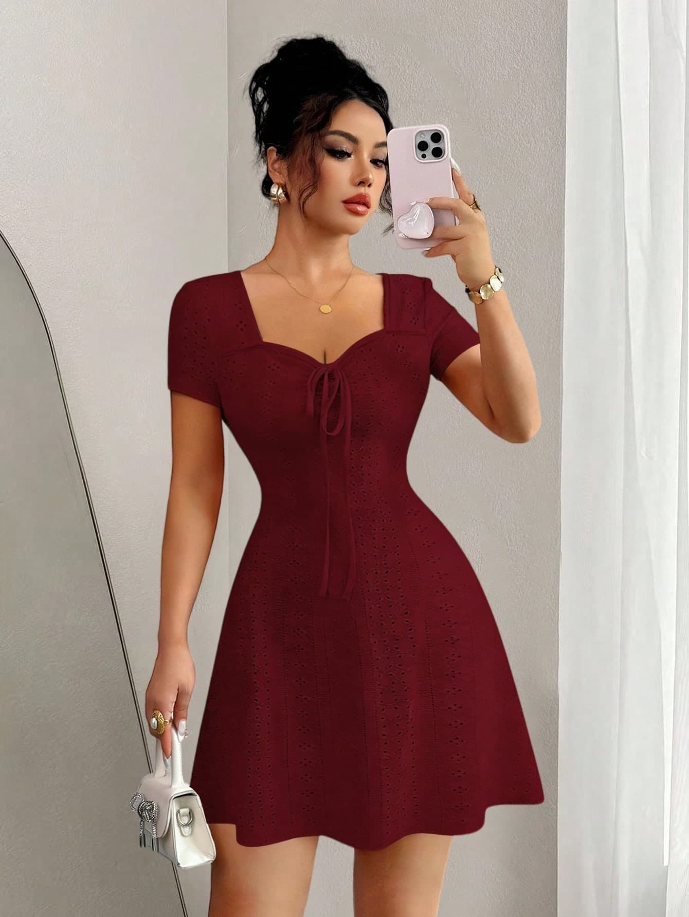 Elenzga New Summer Buttercream Knitted Jacquard Sexy Slim Fit Tie-Front Mini Dress For Women