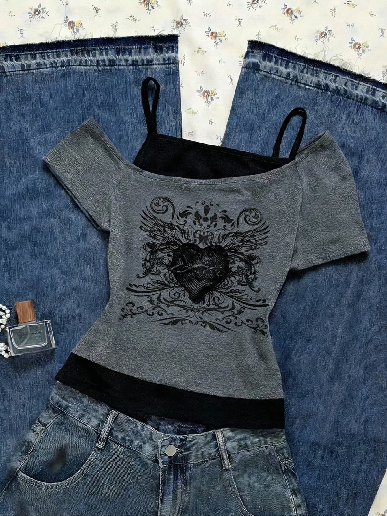 Tween Girl Casual 2 In 1 Streetwear T-Shirt,Cold Shoulder Short Sleeves,Graphic Prints,Grey,Summer,Grunge Punk Y2k,City Break,Letter Slogan Tee