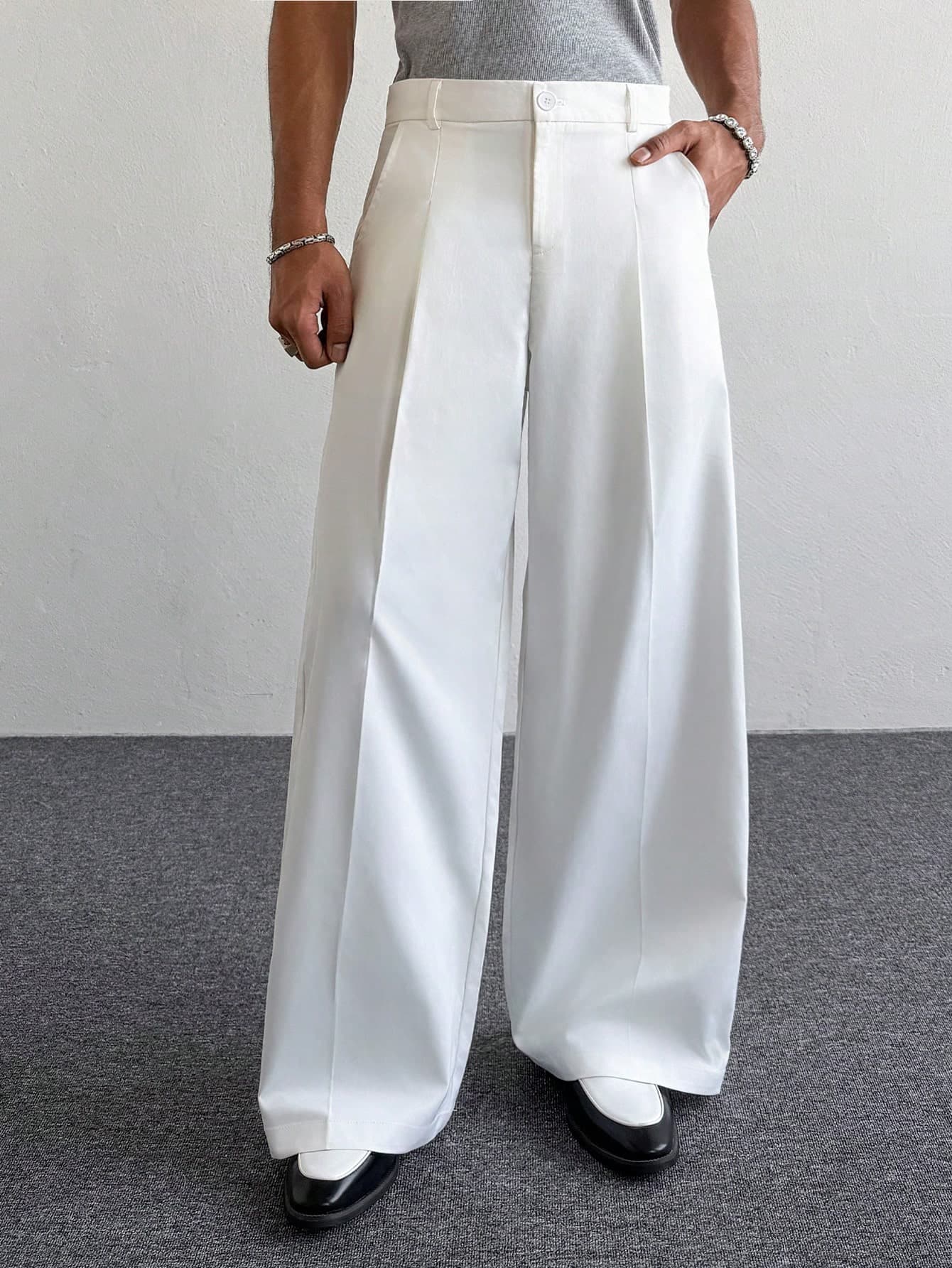 PAVTROS Men's White Summer Casual Pants,Wide Leg Baggy Fit Trousers For Vacation,Retro American Fashion Streetwear Hip Hop,Straight Leg Daily Wear
