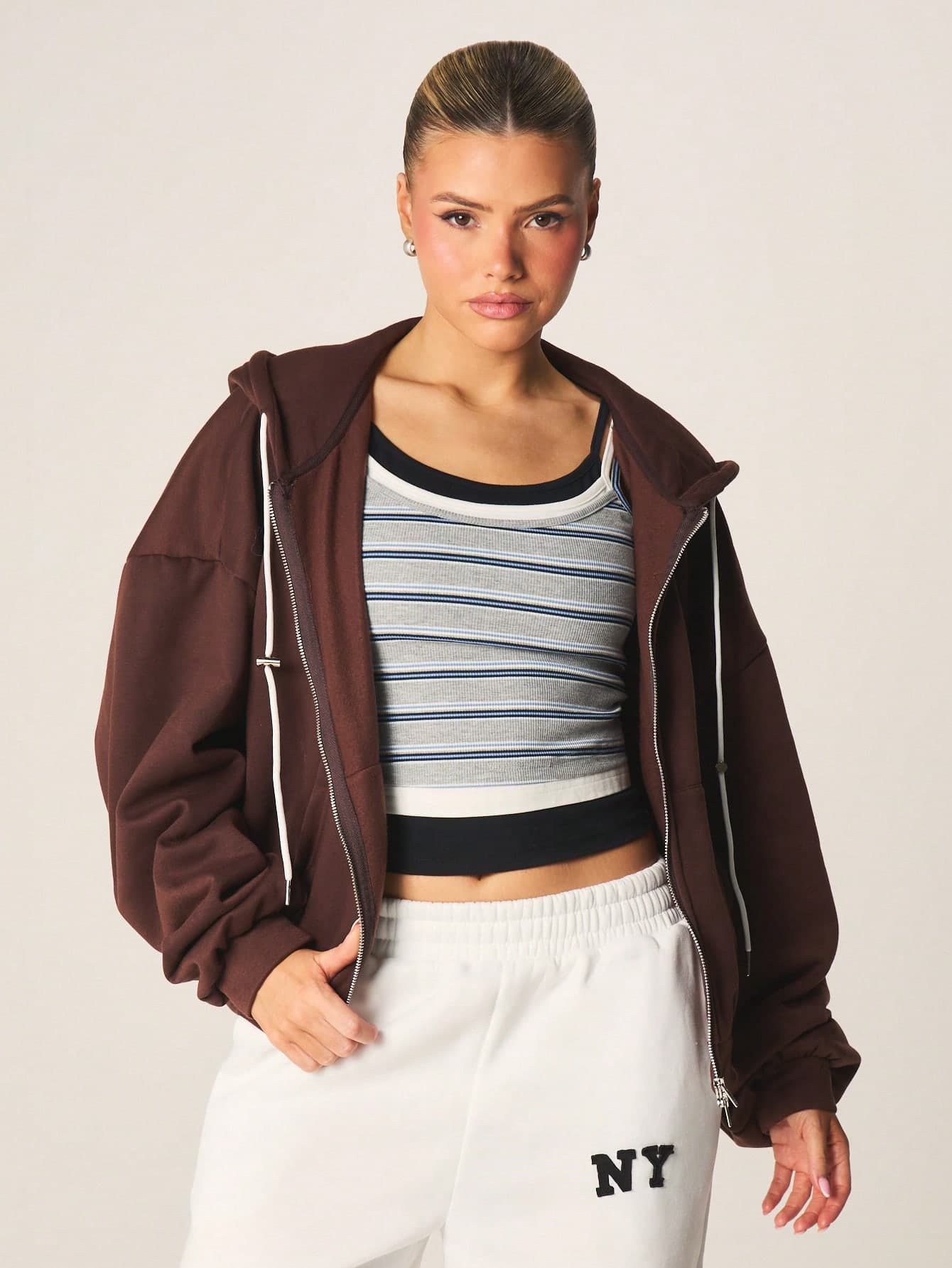 MISSGUIDED Women Oversized Full Zip Hoodie Brown Casual Sweatshirt Jacket For Fall Winter Layering