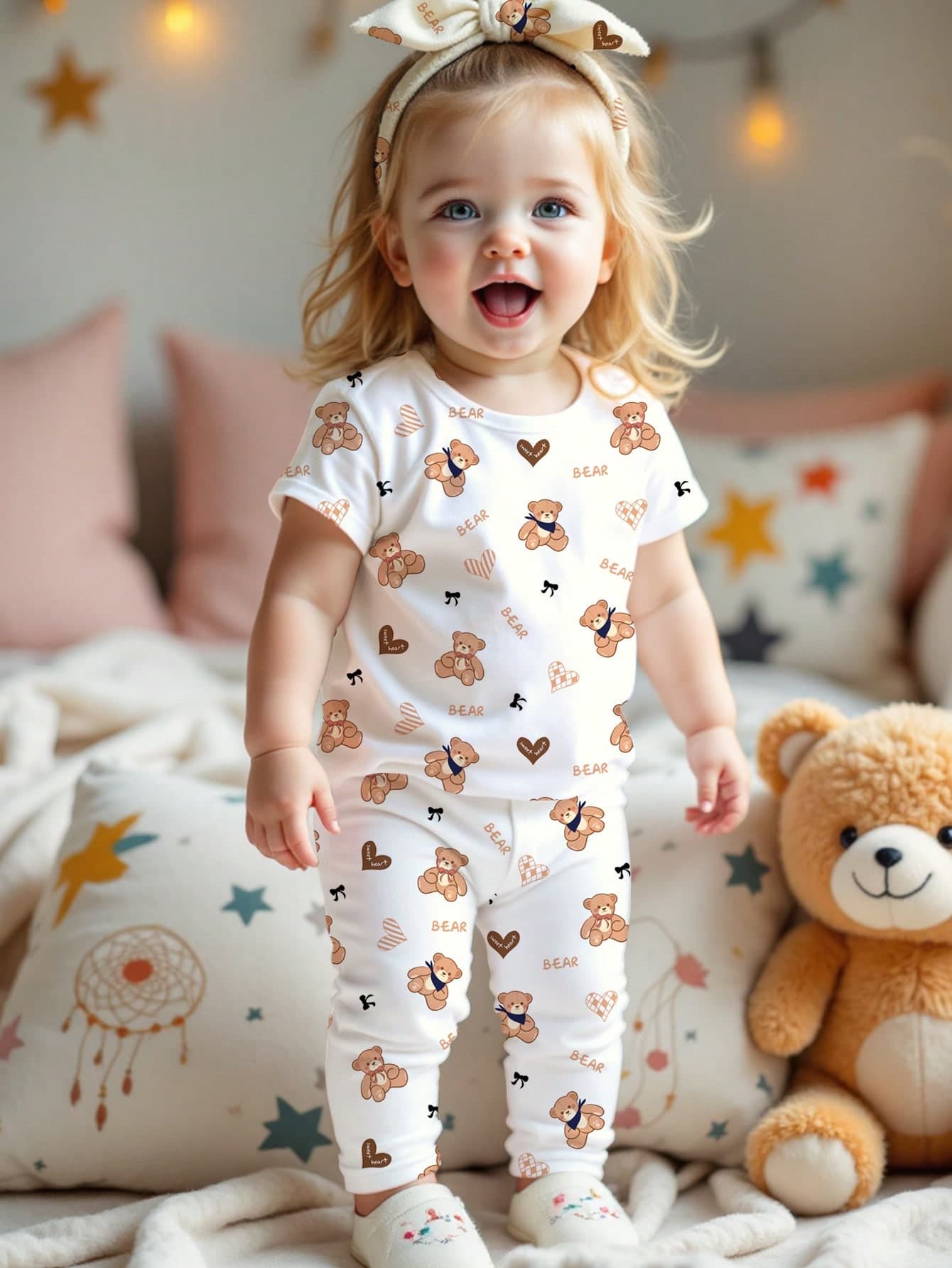 SHEIN Baby Girl Cute Bear & Heart Print Snug Fit Crew Neck Pajama Set, White Summer Casual Holiday Two Pieces Short Sleeve Top And Pants Cozy Baby Girl Fashion