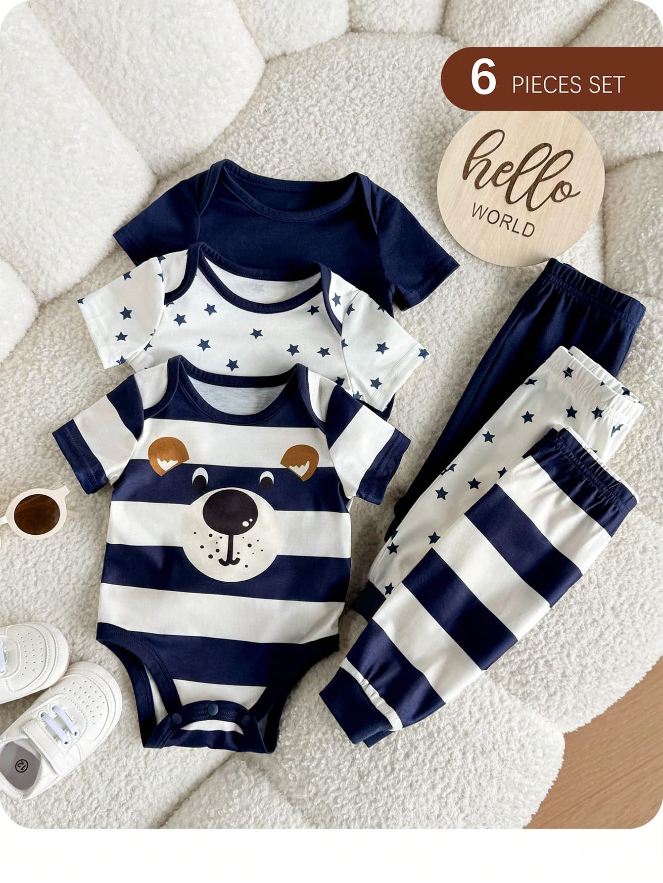 SHEIN 6pcs Newborn Baby Boy Summer Cute Cartoon Star Print Short Sleeve Romper & Pants Set