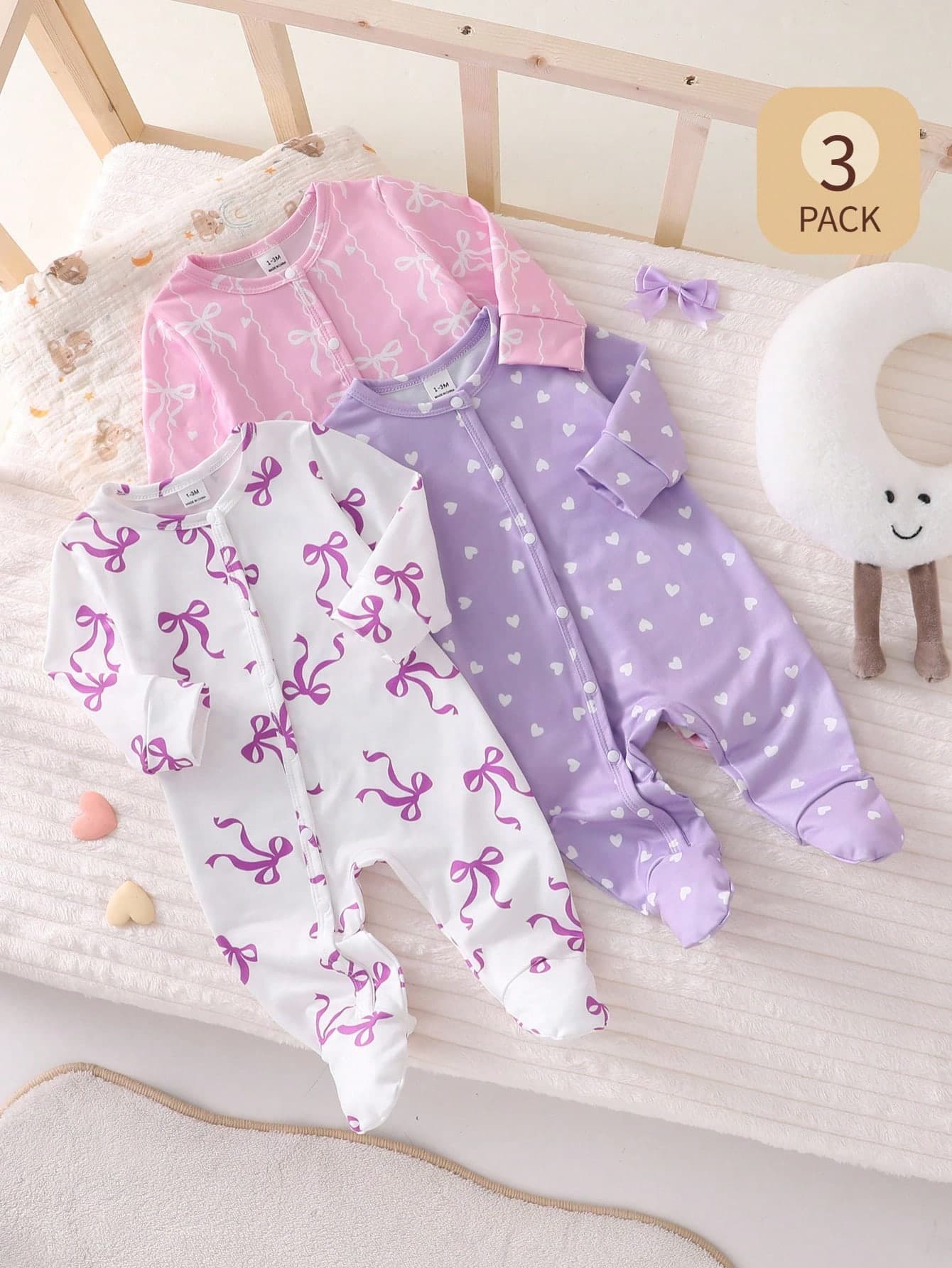 Souflis Souflis 3pcs Newborn Infant Cute Heart Pattern Long Sleeve Romper Pajama Set, Minimalist & Fashionable Newborn Baby Pjs Baby Girl Jumpsuit Sets