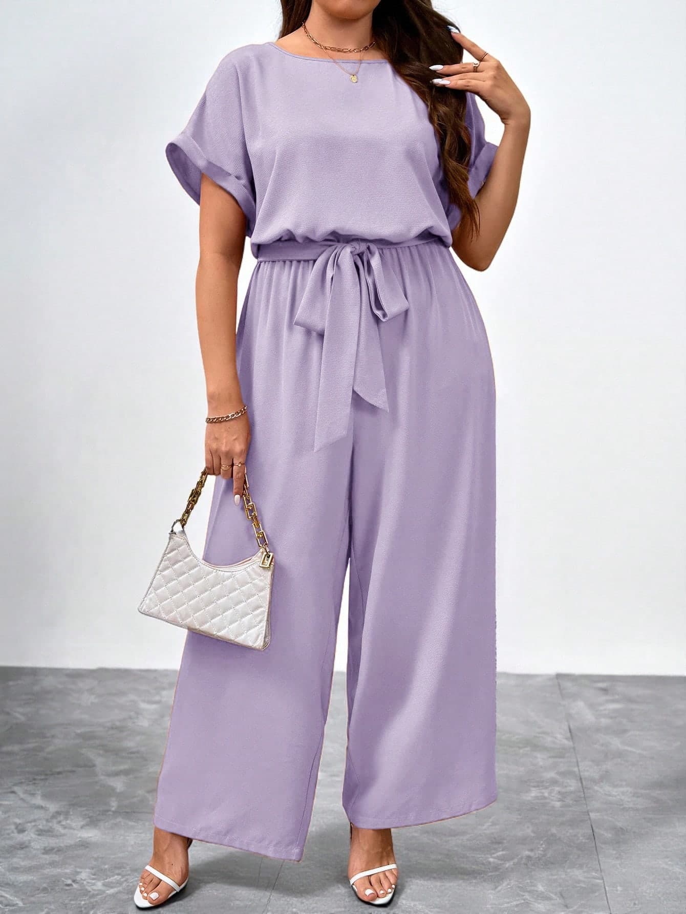 SHEIN Clasi Plus Size Elegant Round Neck Jumpsuit With Waist Belt And Wide Leg