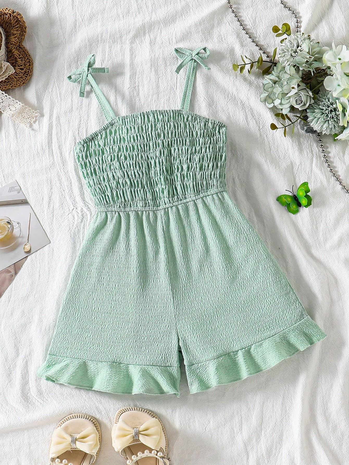 Genkimix Kids Young Girls Romper, Elegant Casual Vacation, Spaghetti Strap Snug Fit Blue Woven Romper, Spring/Summer, Suitable For Outdoor Vacation