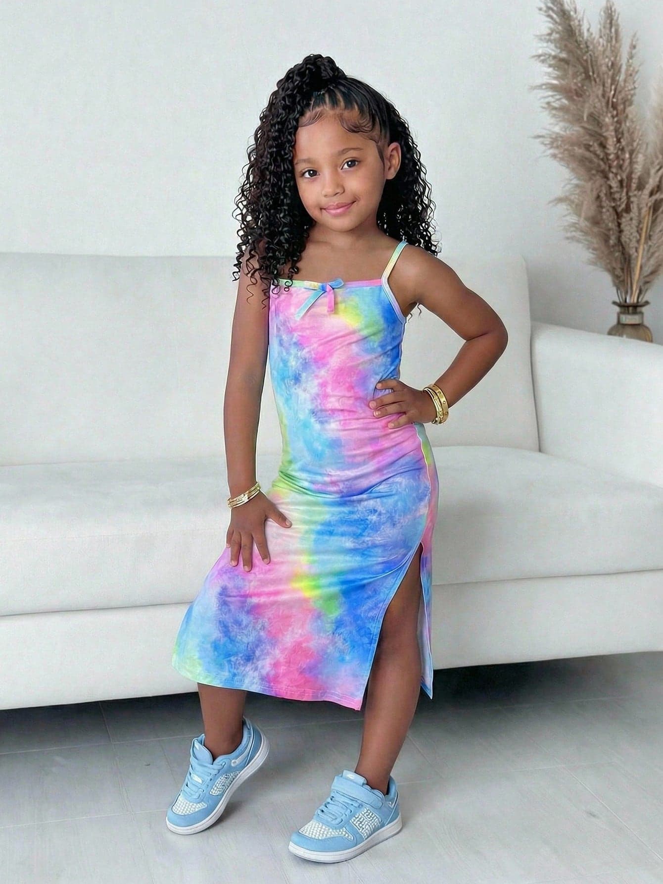 Young Girl Casual Tie-Dye Camisole Snug Fit Dress,Kids