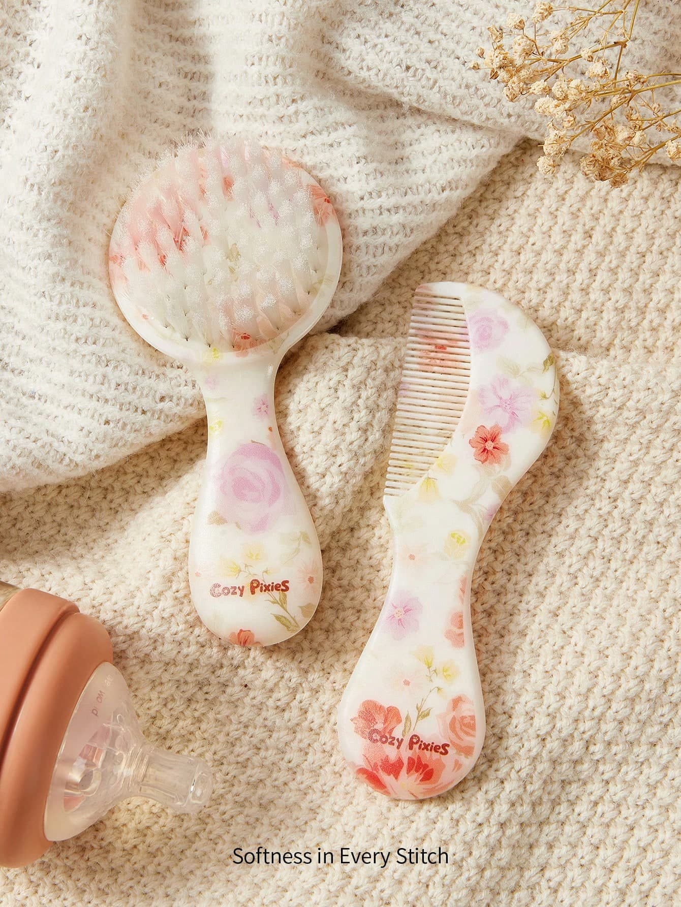 Cozy Pixies 2-Piece Set Of Baby Care Tools, Comb, Flower Hairbrush, Comb Set, Gently Remove Hair Tangles, Baby Bath Tools