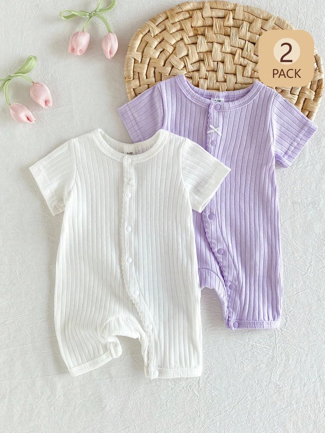 SHEIN Playful Pals 2pcs/Set Newborn Baby Girl Jumpsuit Cute Ribbed Short Sleeve Romper White Summer Casual Outfits Cotton Moisture-Wicking Breathable Family Matching