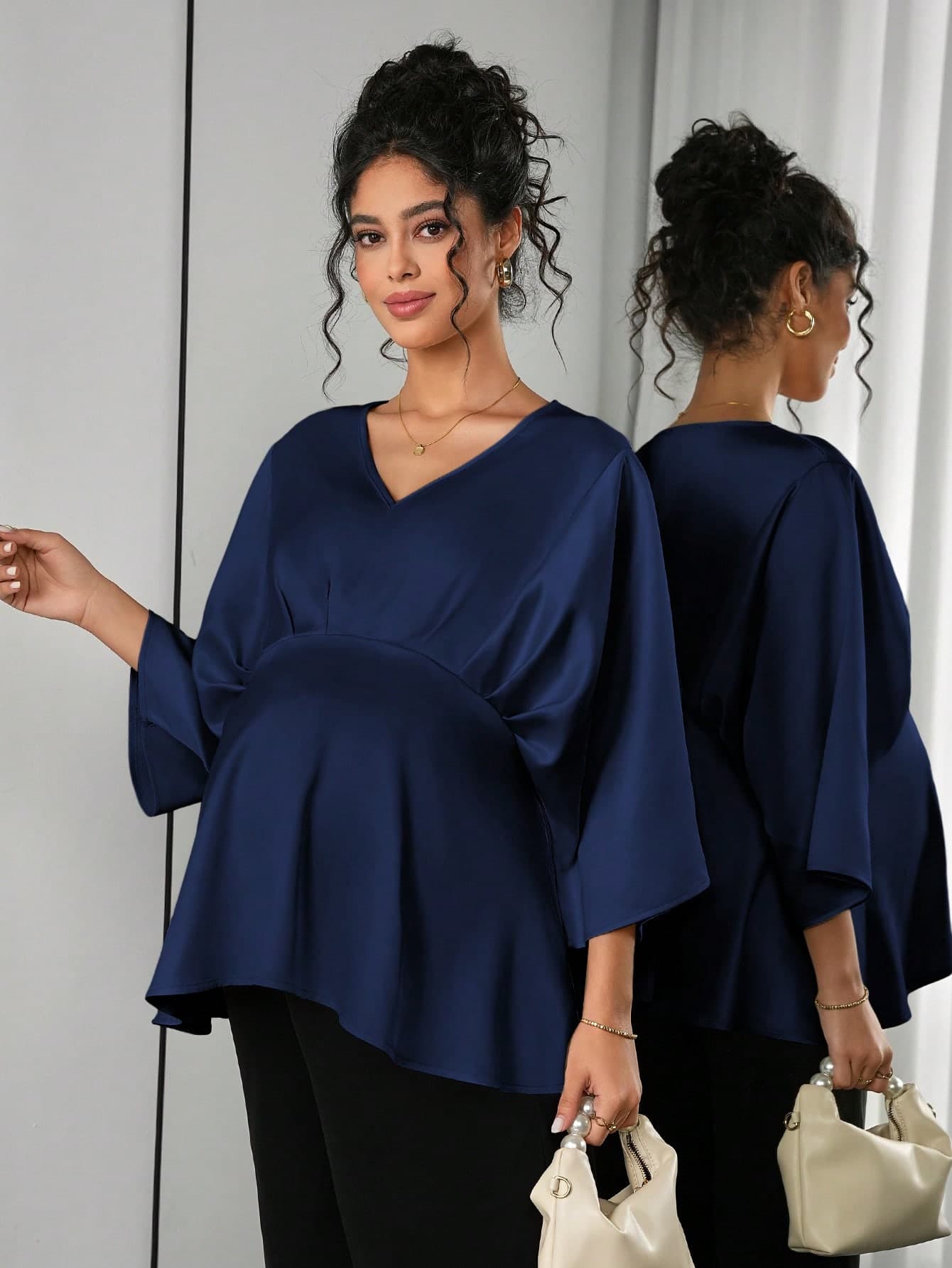 Momance Maternity Solid Color V-Neck Batwing Sleeve Elegant Blouse Fall