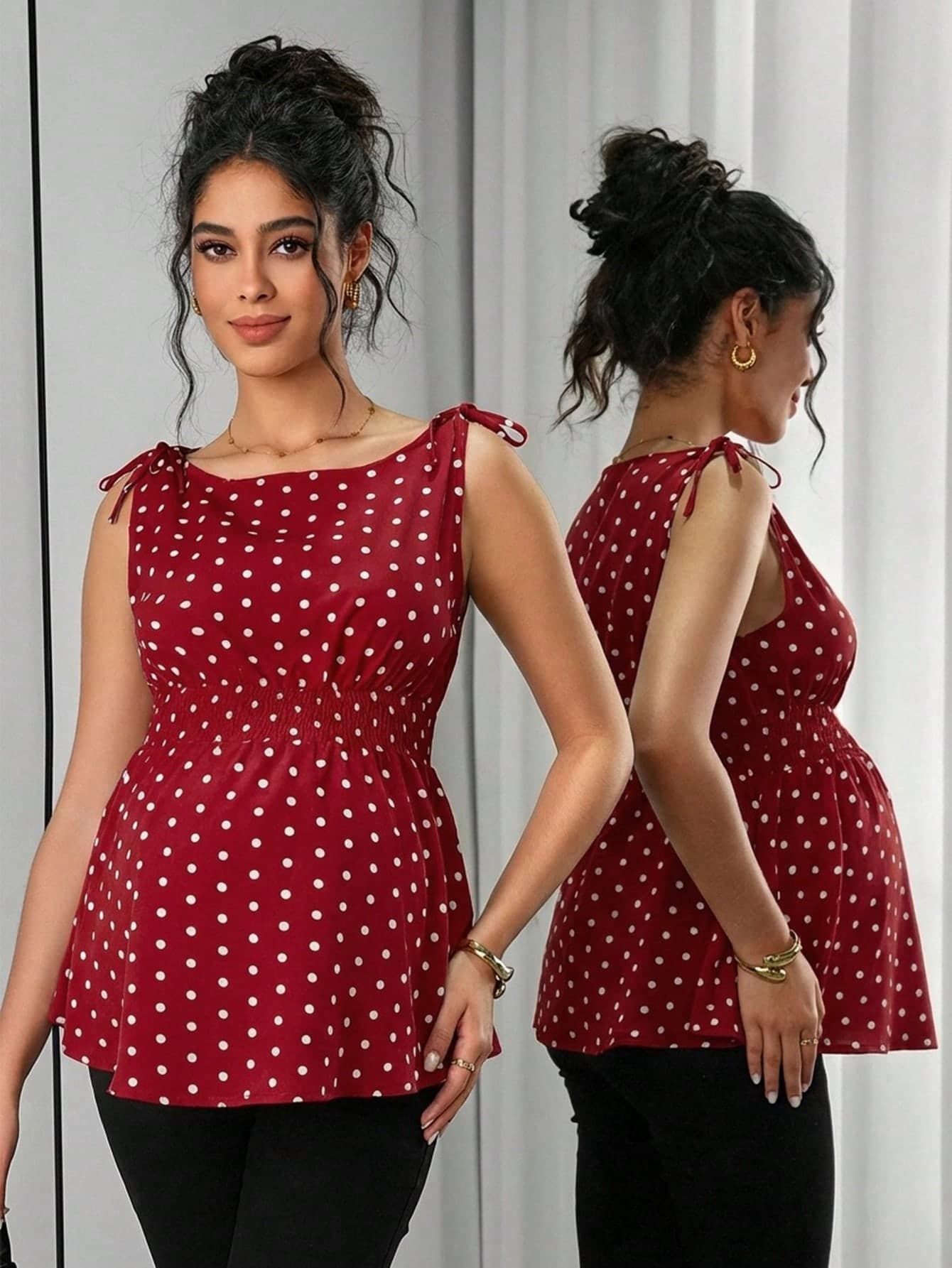 Momance Maternity Summer Casual Polka Dot Print Drawstring Waist Camisole