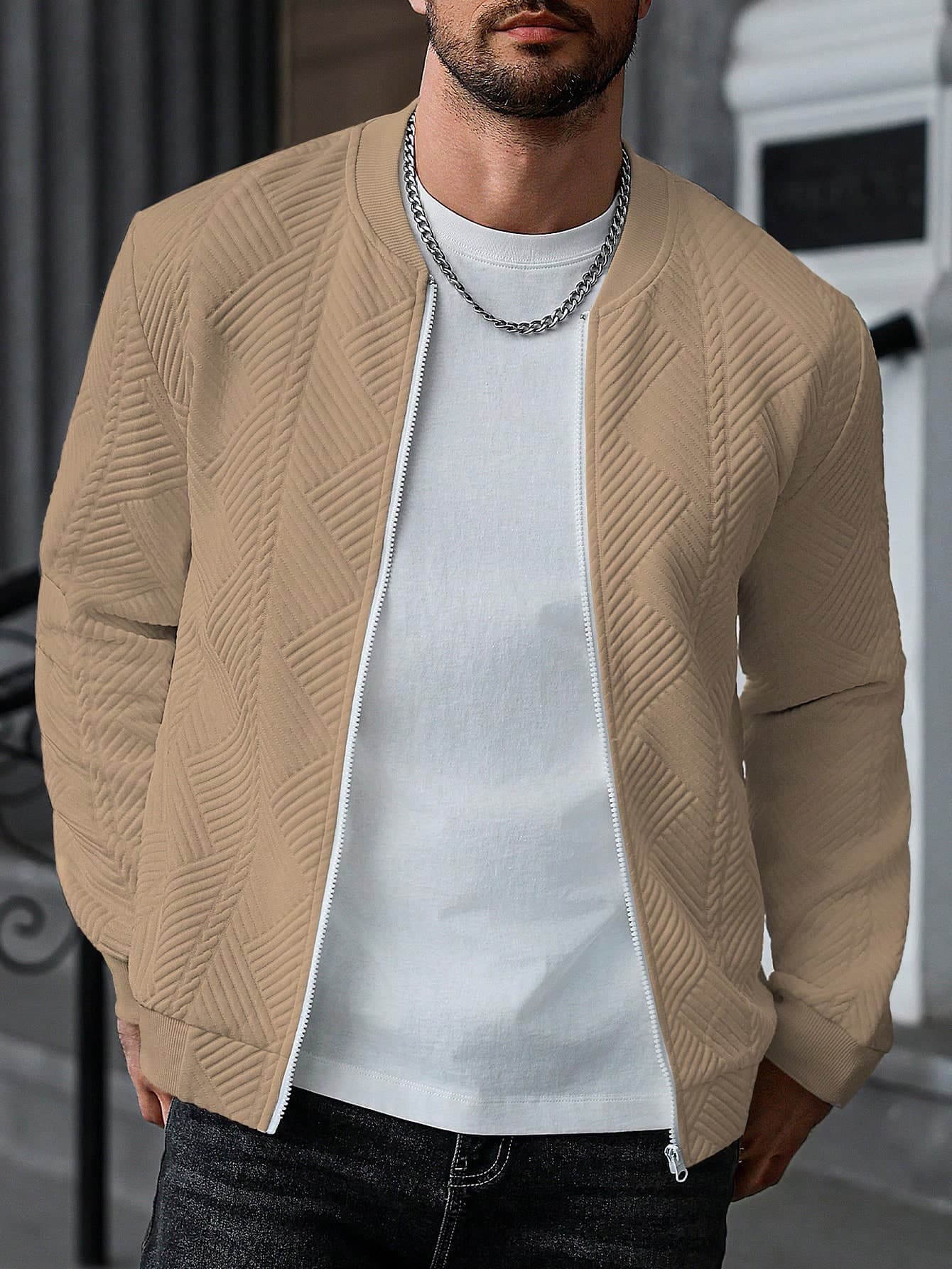 Manfinity Homme Men's Casual Commuter Textured Zip-Up Long Sleeve Bomber Jacket,Khaki,Autumn,Casual,Work,Beige Old Money,Outdoor Activities,Travel,Gift For Men