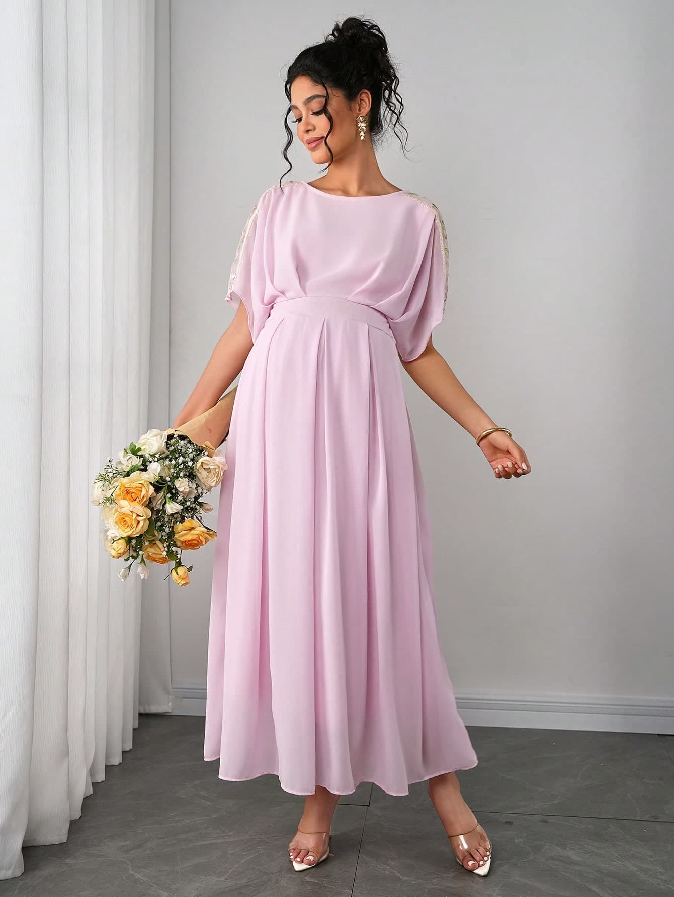 Momance Fashionable Chiffon Maternity Dress,Blush Pink,Summer,Elegant,Formal,Wedding Ninang Classic Women's Modest Bridesmaid Gown,Clothes Outfit For Women
