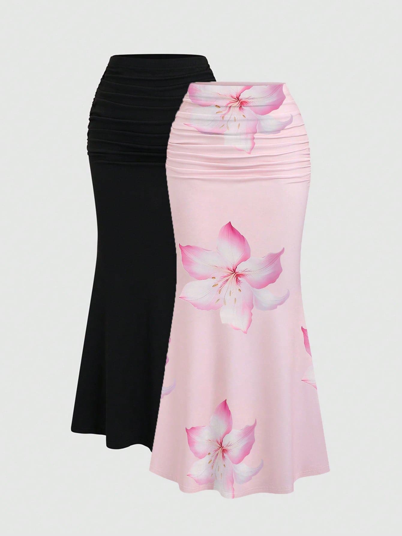 Sweetra 2pcs Women's Elegant Party Solid Color Mermaid Skirt And Floral Print Skirt Set Fall Cloth For Women