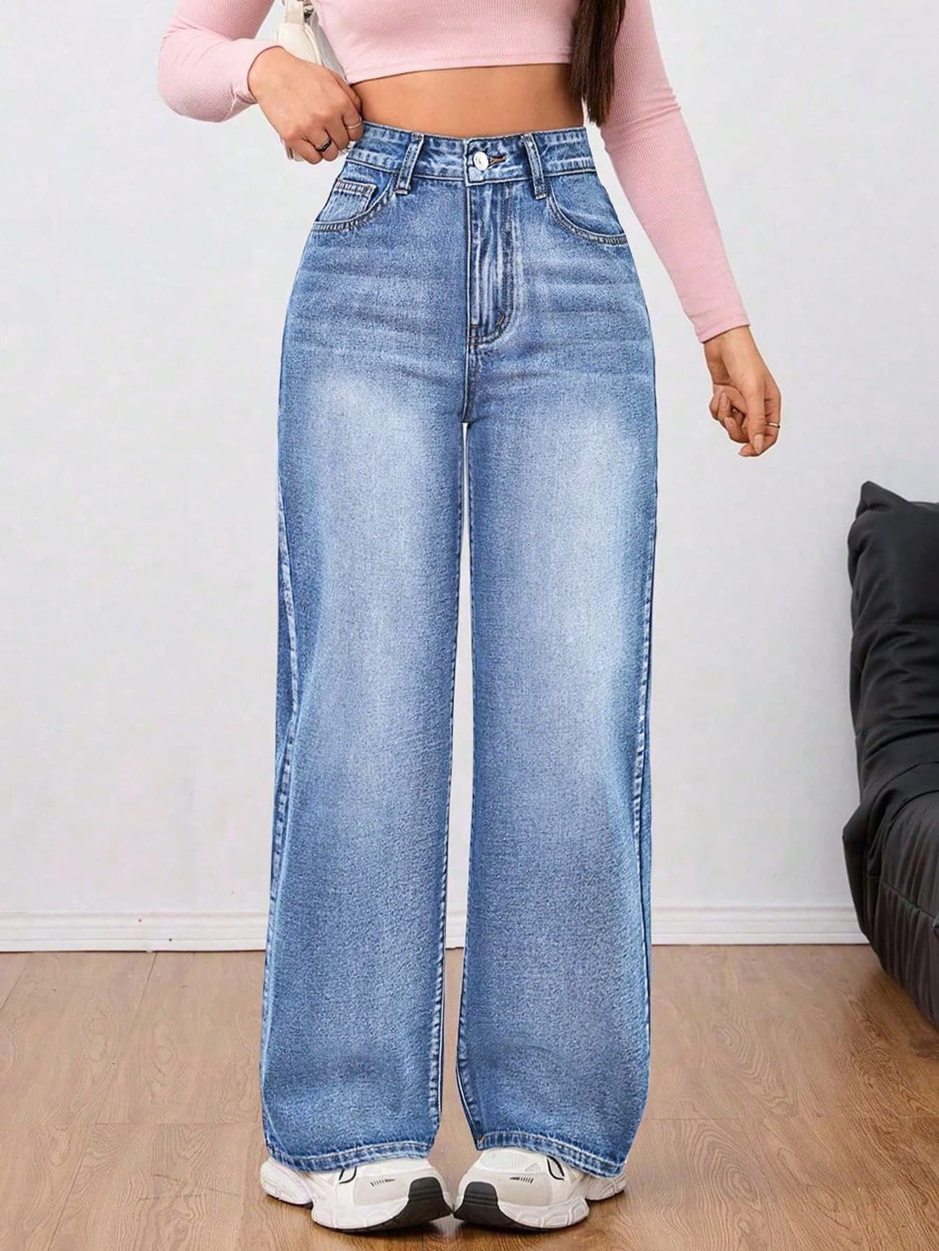 Flirla Casual Elegant Straight Loose Versatile Daily Wear Jeans Everyday Light Blue Autumn