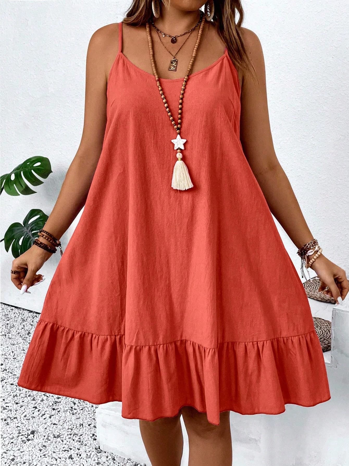 Breezaya Plus Size Solid Color Spaghetti Strap Ruffle Pleated Loose Summer Sleeveless Dress