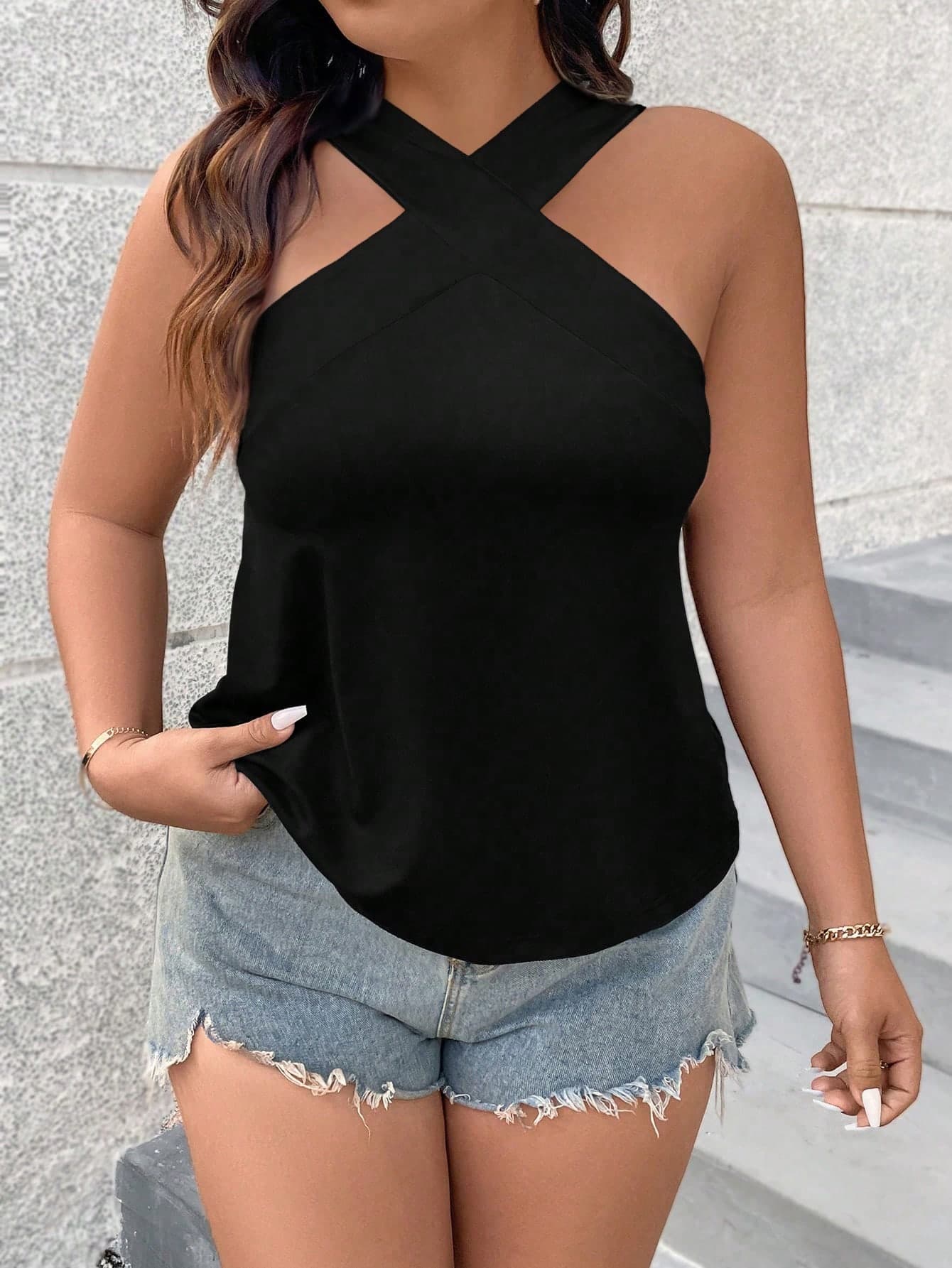 Breezaya Plus Size Color Block Halter Top Graphic Tees Women Tops