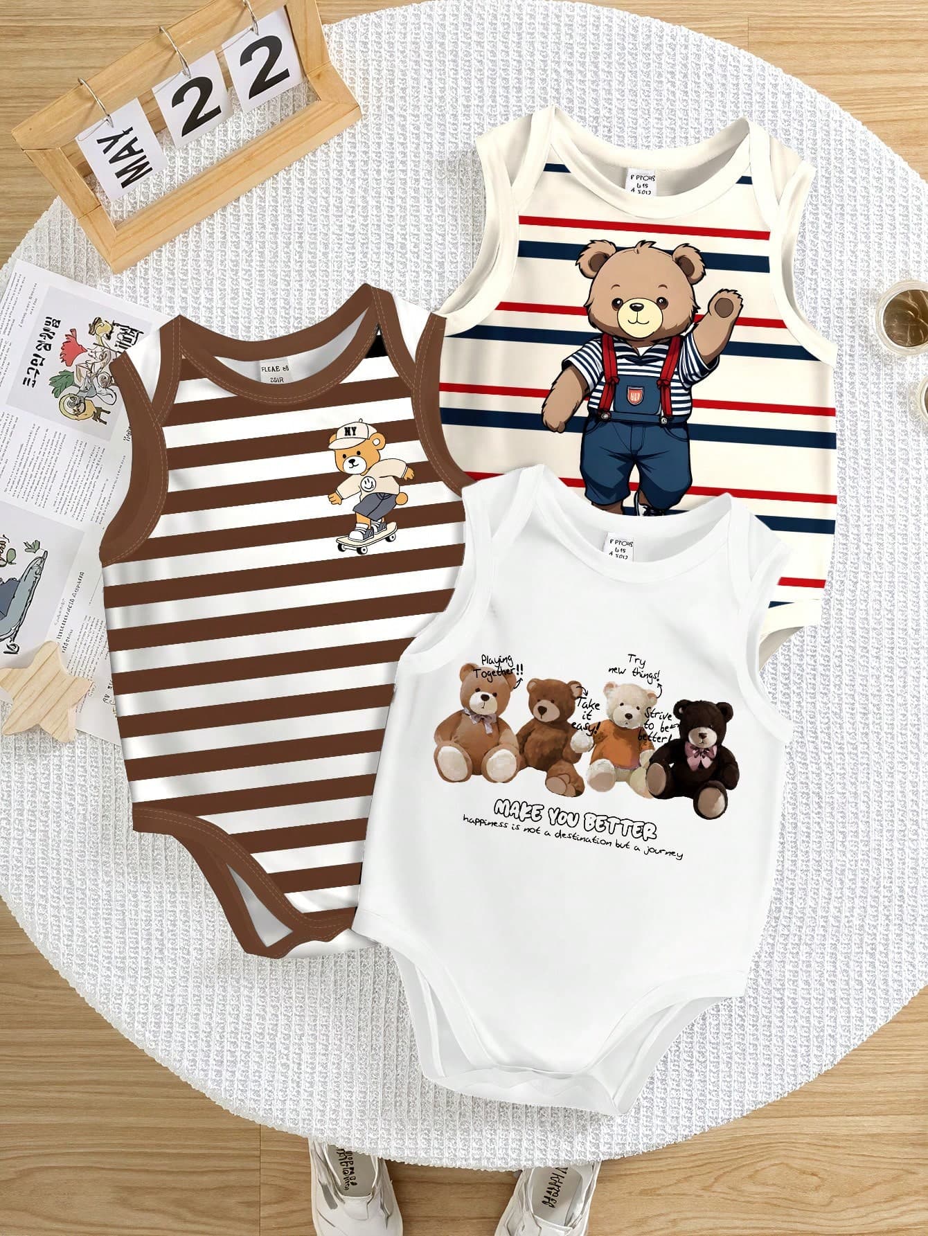 SHEIN 3pcs Cute Casual Solid Color Knit Romper Set With Teddy Bear Design, Suitable For Baby Boys And Girls In Summer