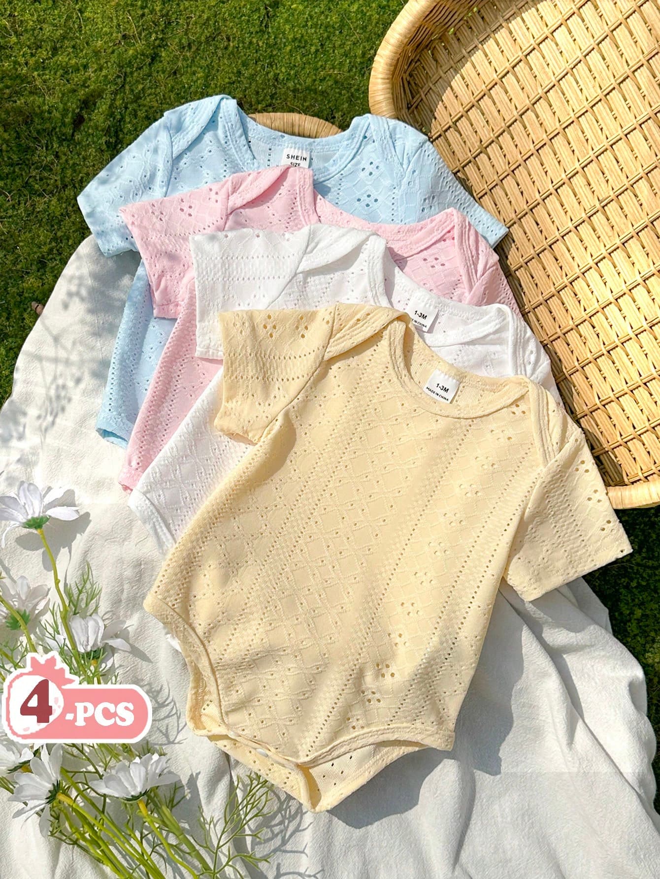 SHEIN Vintaside Kids 4pcs/Set Newborn Baby Boys' Casual Short Sleeve Rompers, Comfortable & Minimalist, Summer