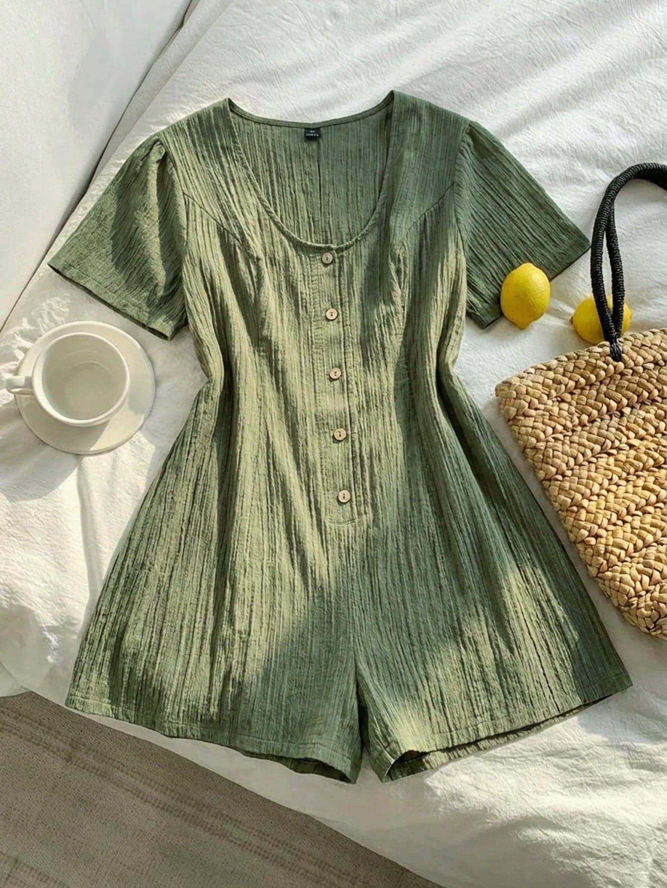 Franclia Plus Size Women's Pleated Textured Jumpsuit,V-Neck Sage Green Summer Boho Vacation Holiday Linen Short Sleeve Playsuit,Elegant Minimalist Outfit Set