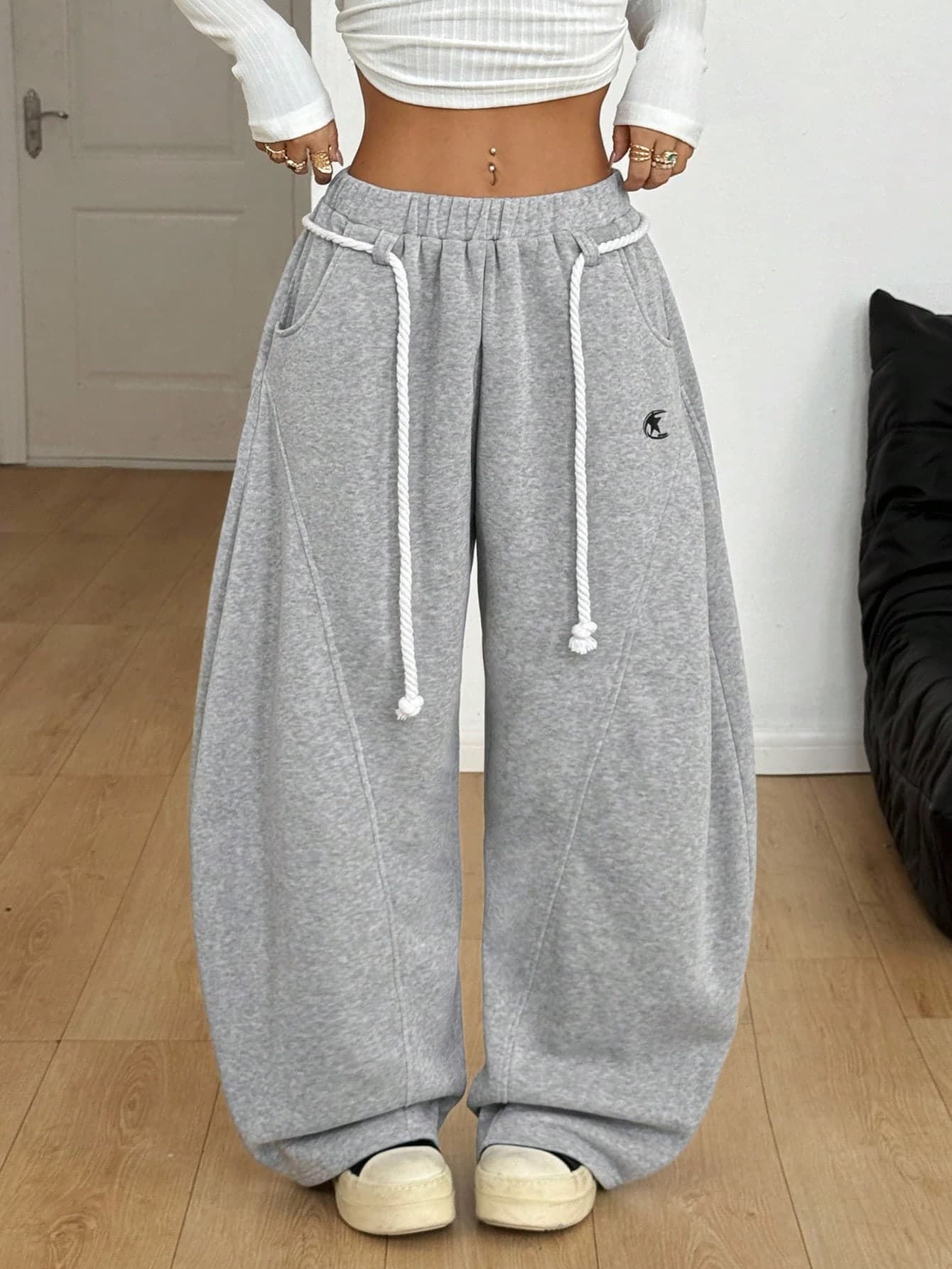 Coolane Women's & Men's Plus Size Plain Grey Autumn Smart Casual Everyday Streetwear Comfy Elastic Waistband Curved Hem Wide Leg Baggy Sweatpants Pants Fall