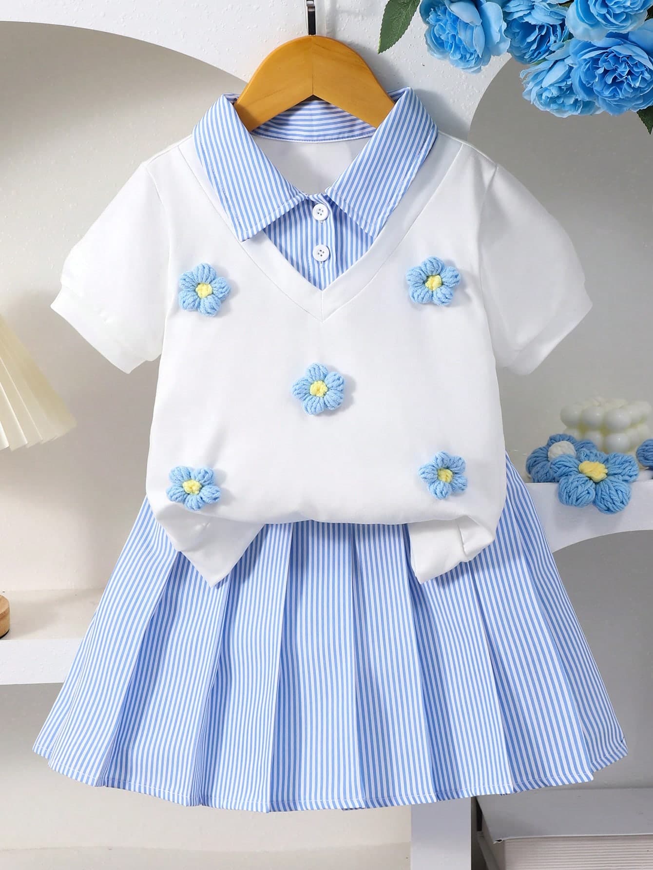 Elladie kids Toddler Girls' 2pcs Short Sleeve Blouse & Plaid Skirt Set, Blue Shirt With Cherry & Letter Print, Sweet Summer Back-To-School Career Day Outfit