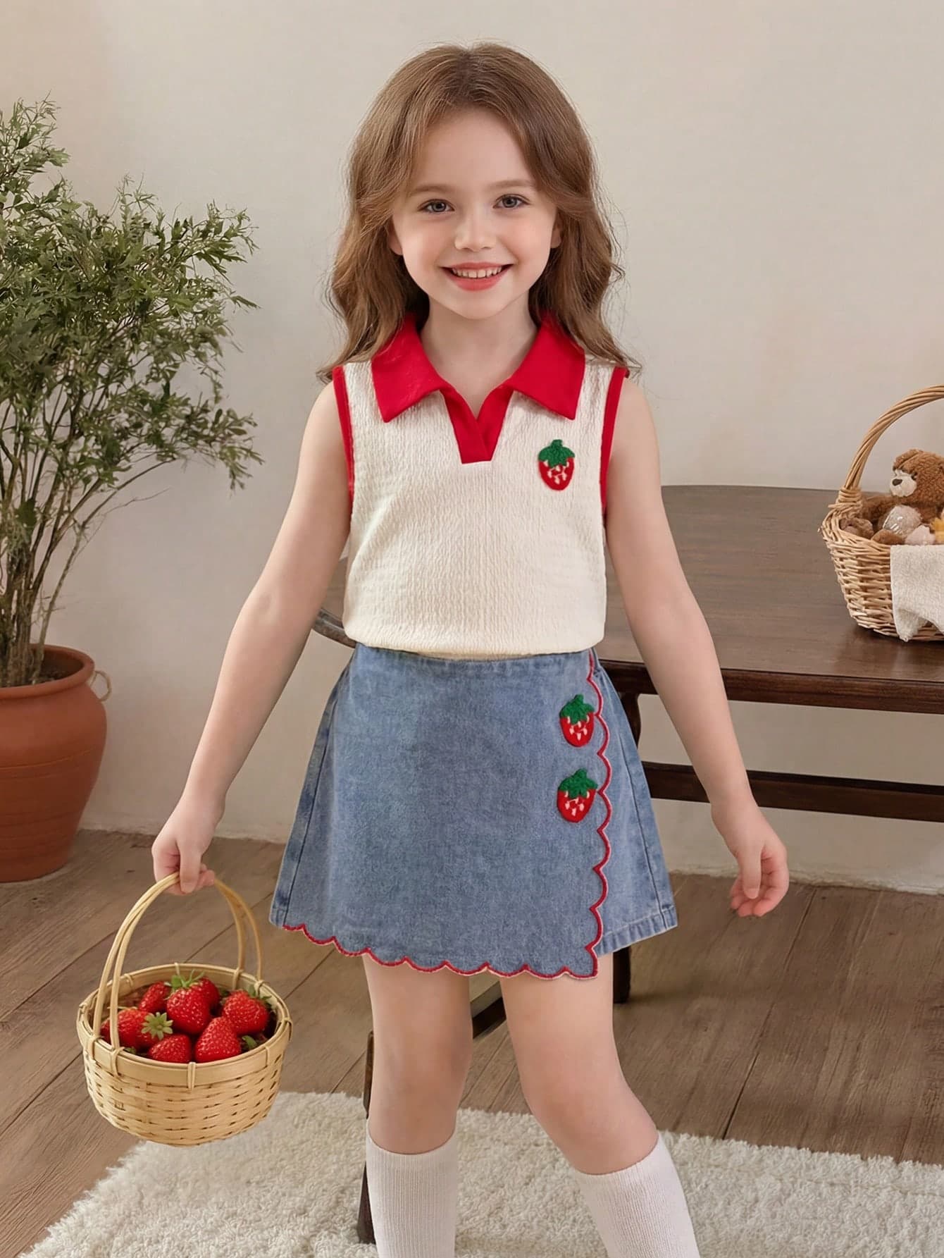 Genkimix Kids 2pcs/Set Toddler Girls' Summer Matching Family Vacation Outfit,Strawberry 3D Decor Knit Vest Top And Denim Skort,Ruffled Hem Embroidery Vintage Cute