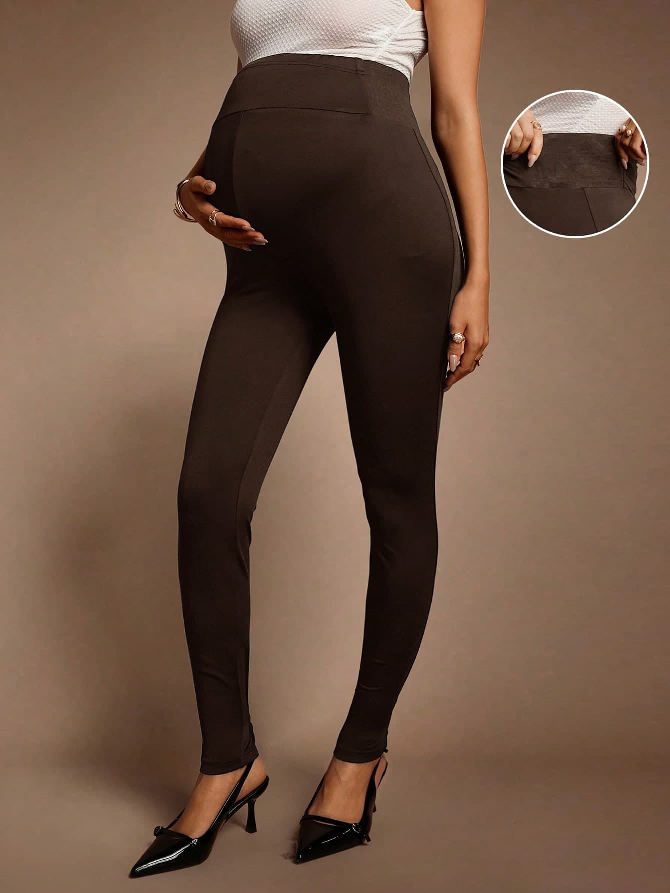 MaterniChic Maternity Casual Everyday Commute Solid Color Adjustable High Waist Leggings