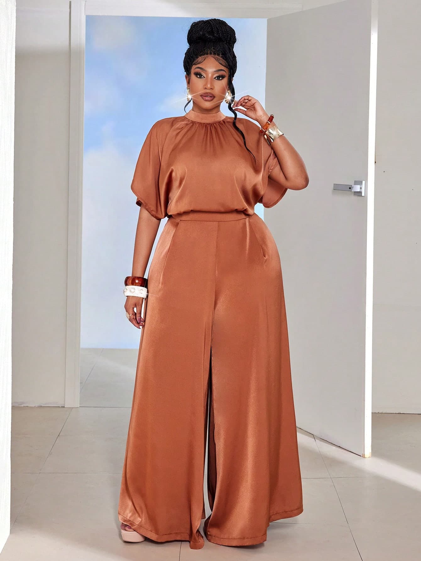 Maweii Plus Size Women's Brown Satin High Neck Cap Sleeve Top & Wide Leg Pants Two Pieces Set, Elegant Fit For Spring & Summer Party & Office Outings