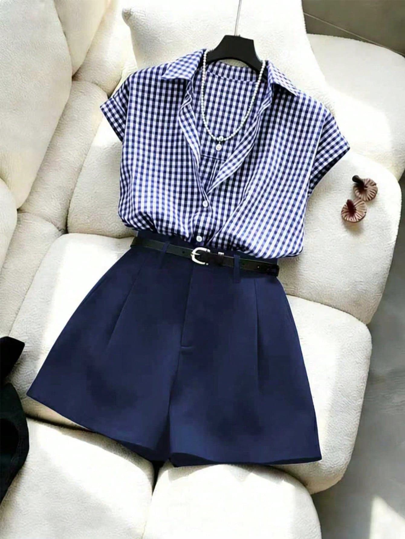 Franclia Women's Navy Blue And White Plaid Shirt & Shorts Set,Elegant Summer Effortless Chic Brunch Outfit,Back-To-School Preppy Two-Piece Commuting Suit
