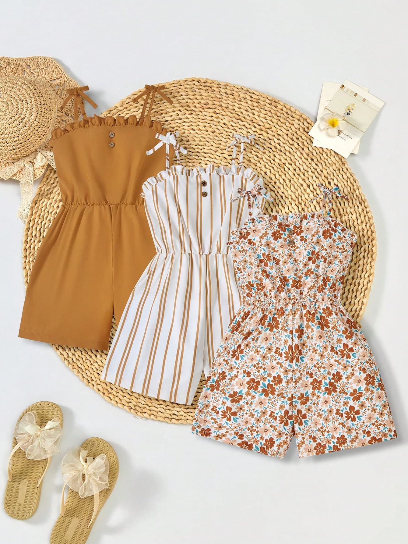 SHEIN 3pcs/Set Tween Girls Casual Floral Striped Solid Color Romper Suitable For Family With Multiple Children, Beach Vacation, Outdoor Play, School