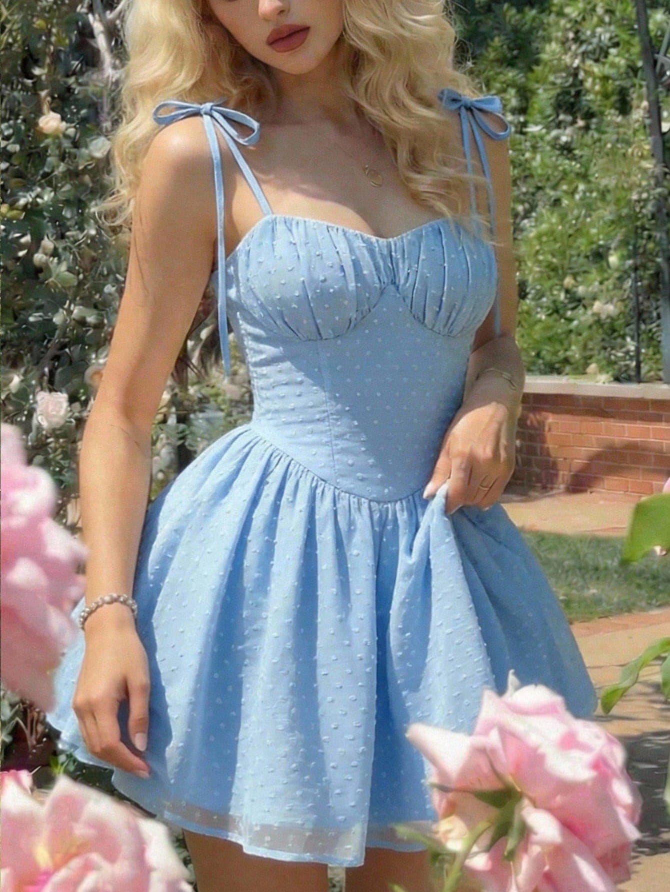 Skyraze Cute Summer Blue Polka Dot Dress For Women,Tea Party Chiffon Dotted Swiss Sweetheart Neckline,Adjustable Tie Shoulder Straps,Lightweight Flared Skirt