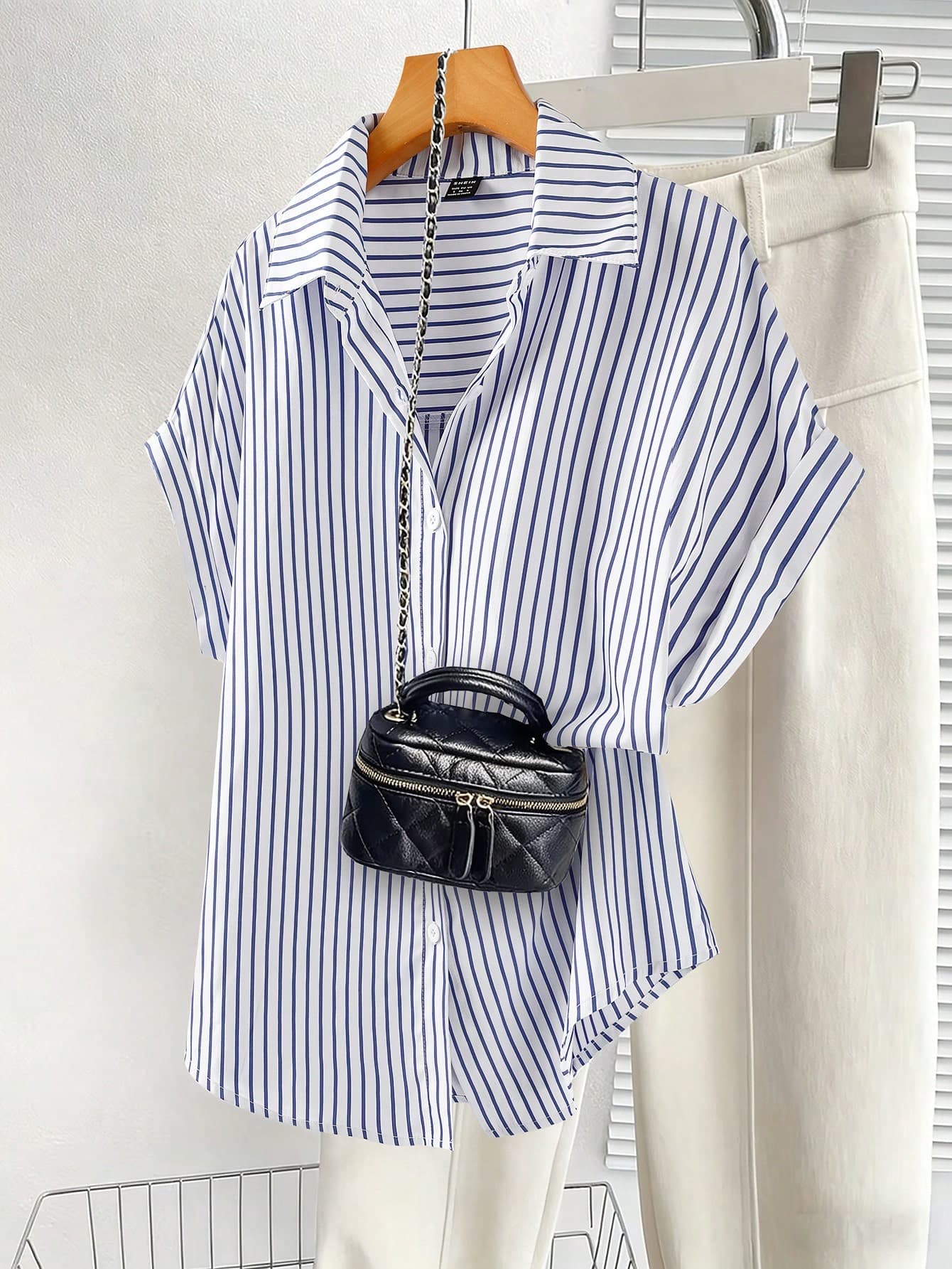 Franclia Casual Blue White Striped Shirt For Women Collar Neck Short Batwing Sleeve Regular Length Woven Fabric Blouse