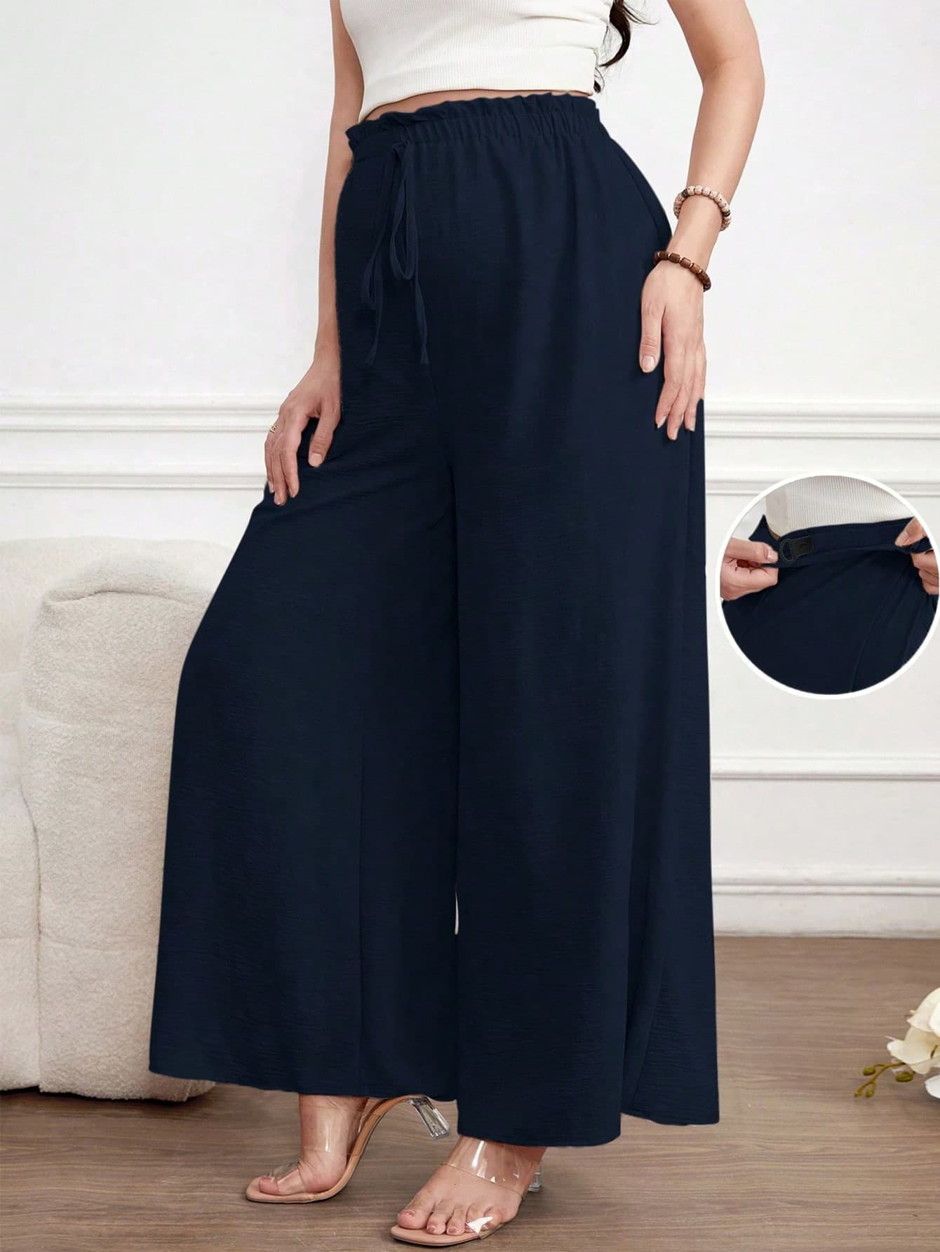 SHEIN Maternity Casual Solid Color Loose Waist Tie Pants Spring Lounge Navy Blue Fall