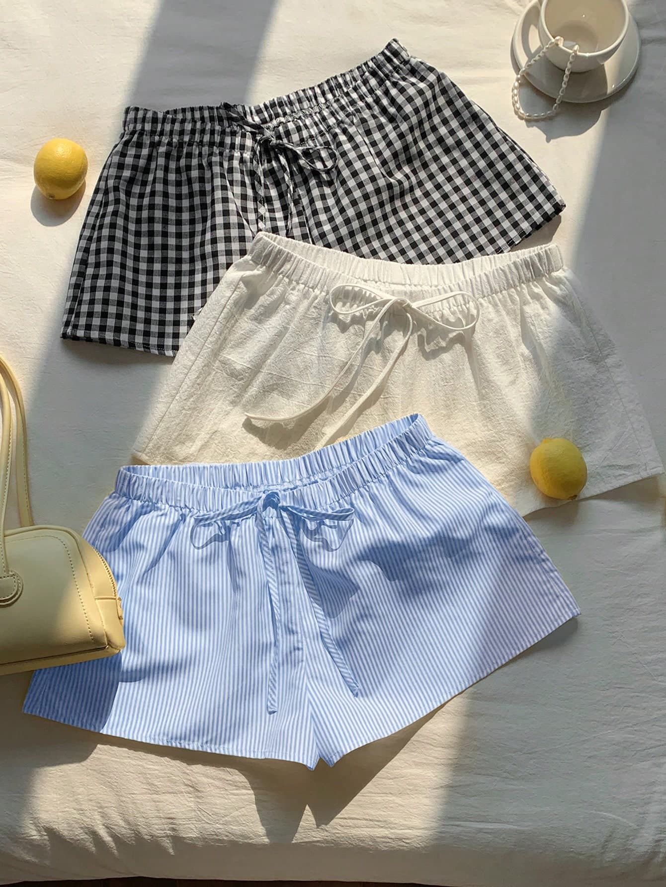 Comfortcana 3pcs Women's Summer Casual Striped, Plaid, Solid Color Shorts Set
