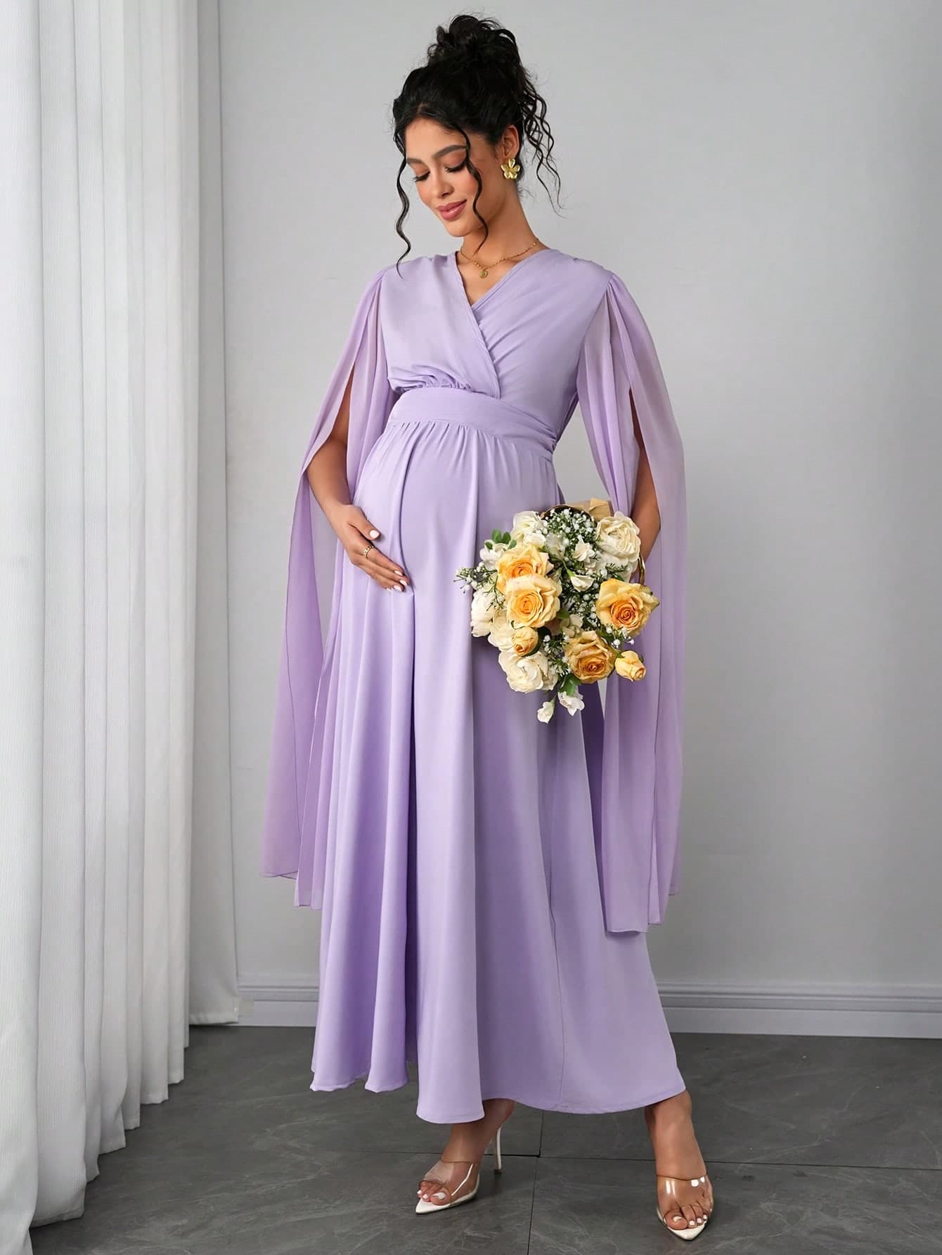 Momance Maternity Shirred Crossover Design Long Sleeve A-Line Dress With Slit
